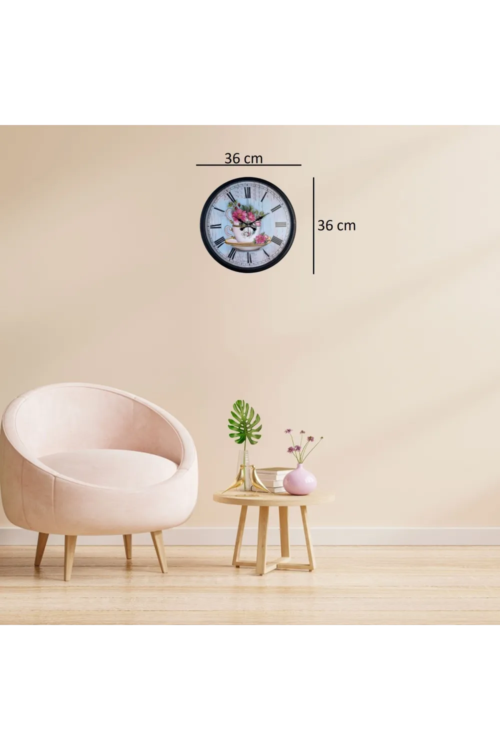 Siyah Floral Tea Cup Duvar Saati