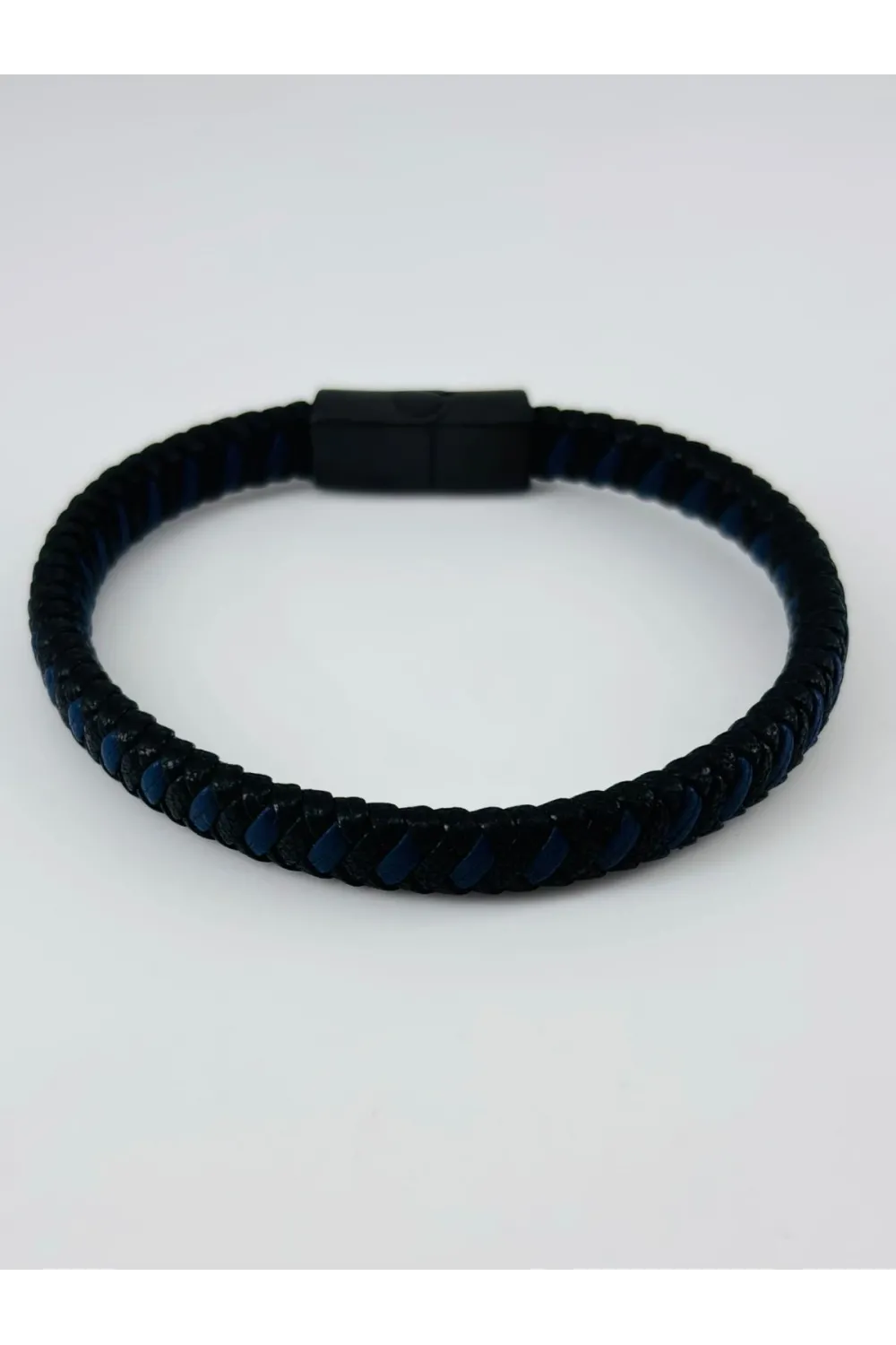 Siyah - Lacivert Deri / Çelik  Erkek Deri Bileklik 20 Cm  - Ebl0052