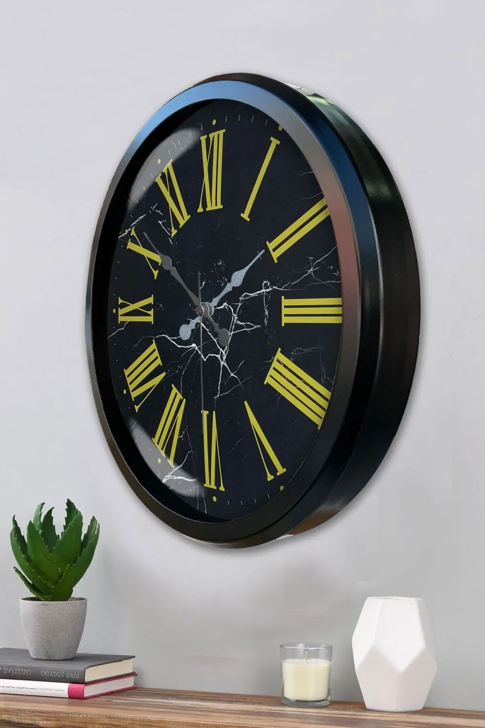 Siyah Mermer Desenli 52 Cm Metal Duvar Saati