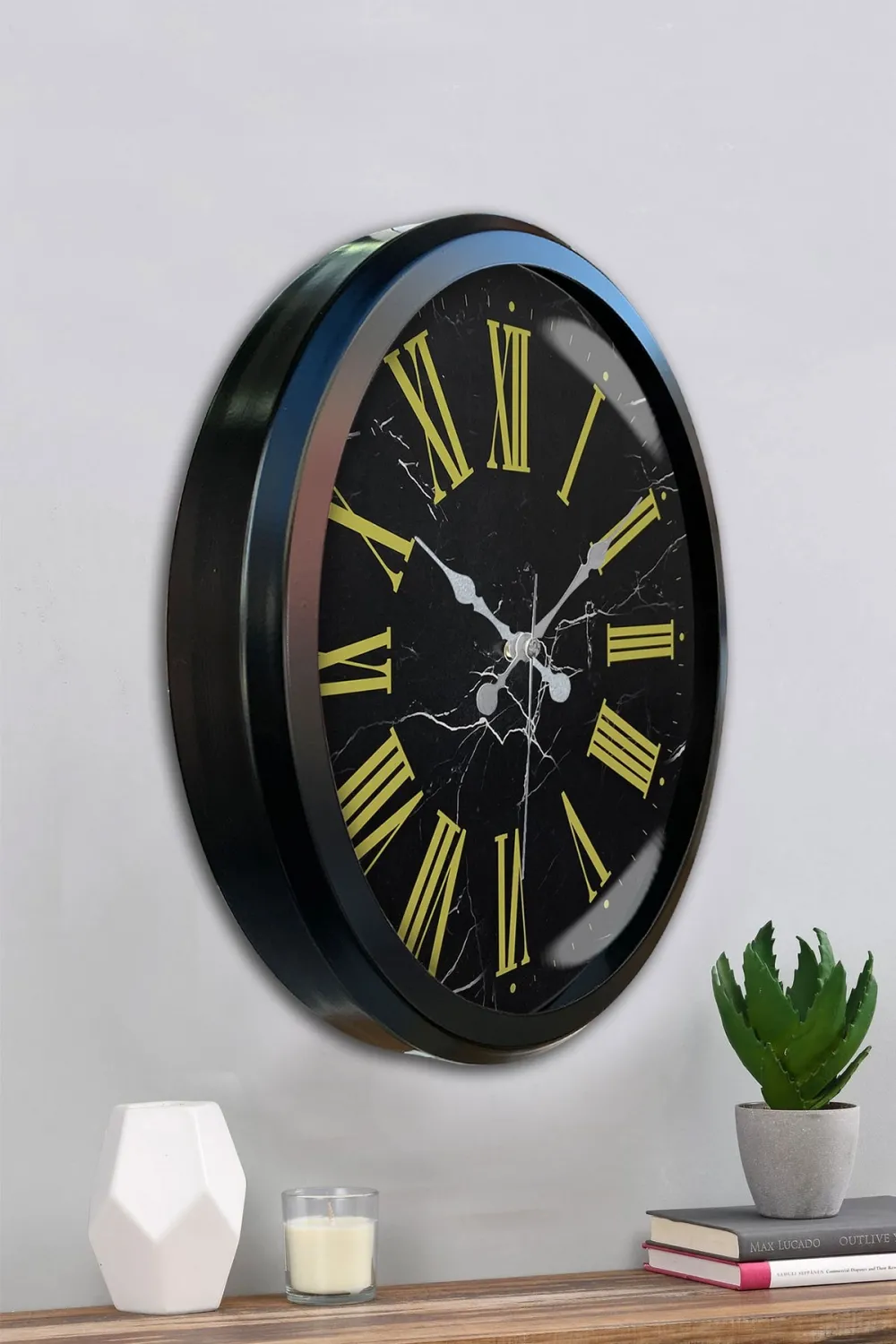 Siyah Mermer Desenli 52 Cm Metal Duvar Saati