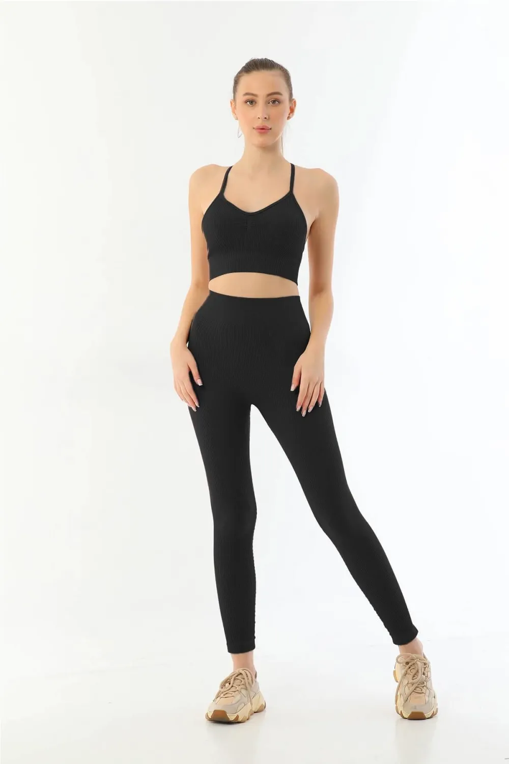ieg™ SİYAH MI  3921 Soft Seamless Ripli Tayt Yoga Takımı