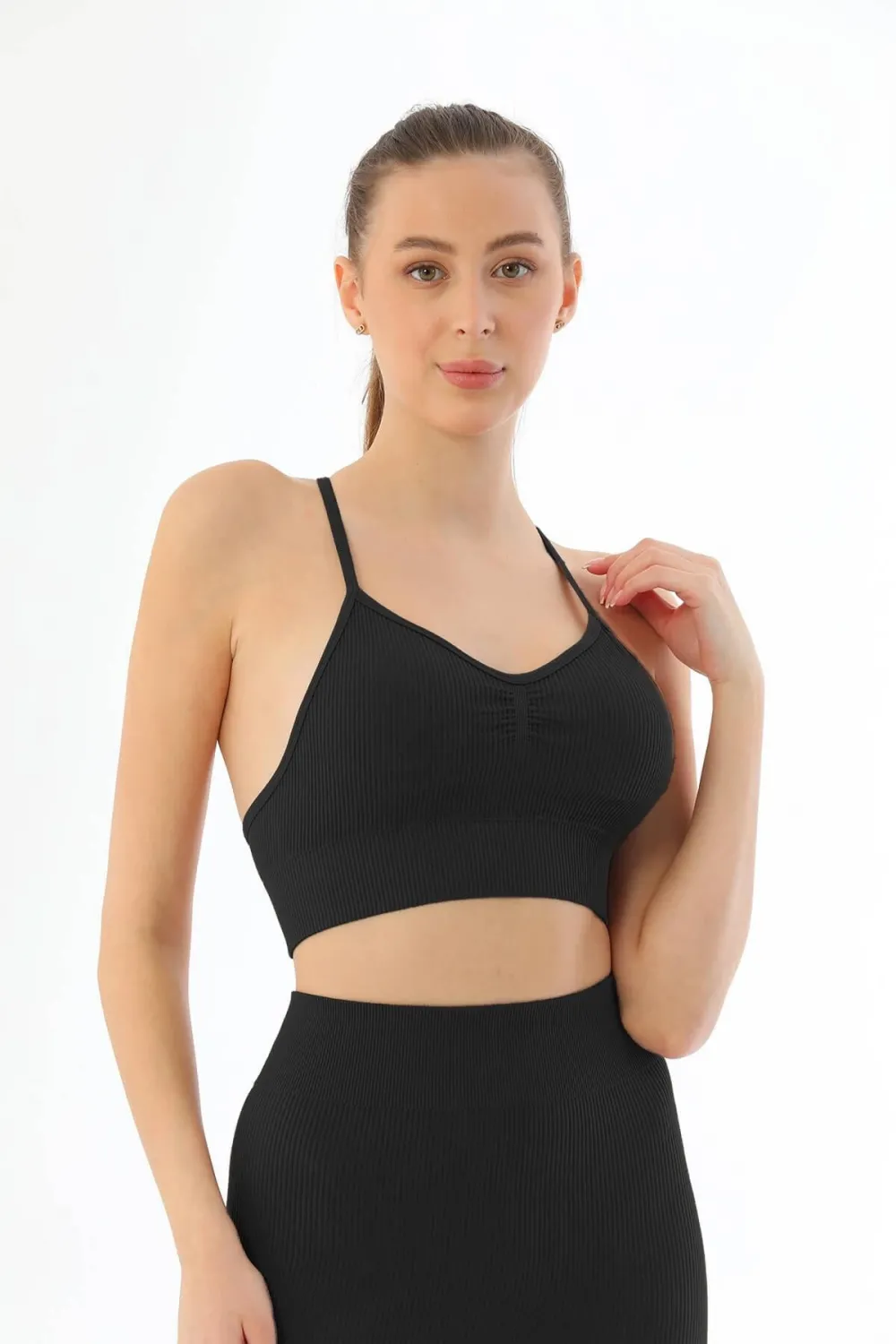 ieg™ SİYAH MI  3921 Soft Seamless Ripli Tayt Yoga Takımı