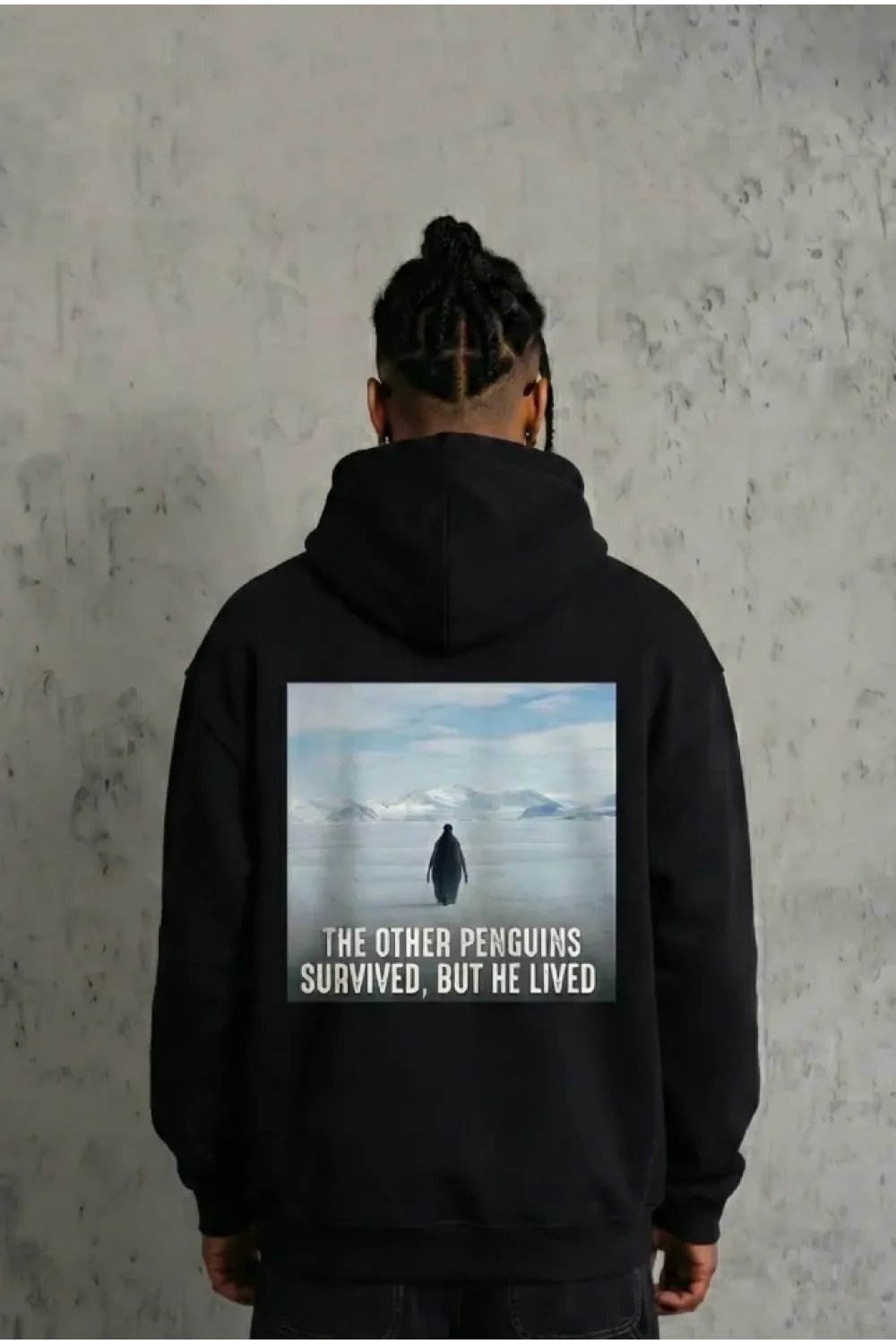 Siyah Oversize Hoodie - Sırt Baskılı Survivor Penguin Temalı, Felsefi Yazılı Kapüşonlu Sweatshirt - Siyah