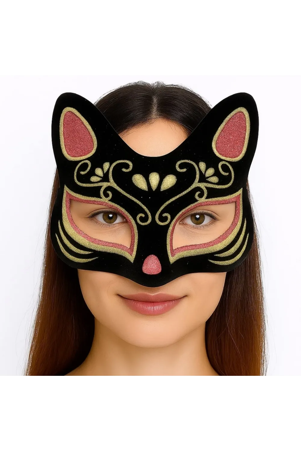 Siyah Renk Süet Kaplama Üzeri Kırmızı Sarı Simli Kedi Maskesi 17x14 Cm