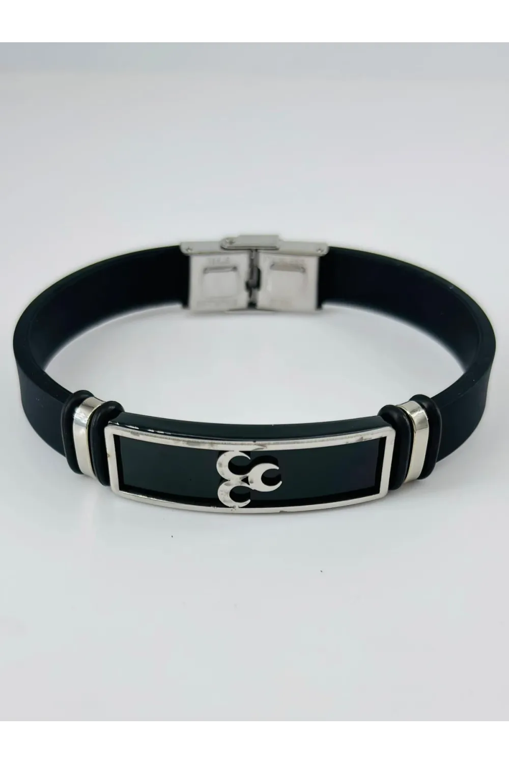 Siyah Silikon / Çelik  Erkek Deri Bileklik 20 Cm  - Ebl0112