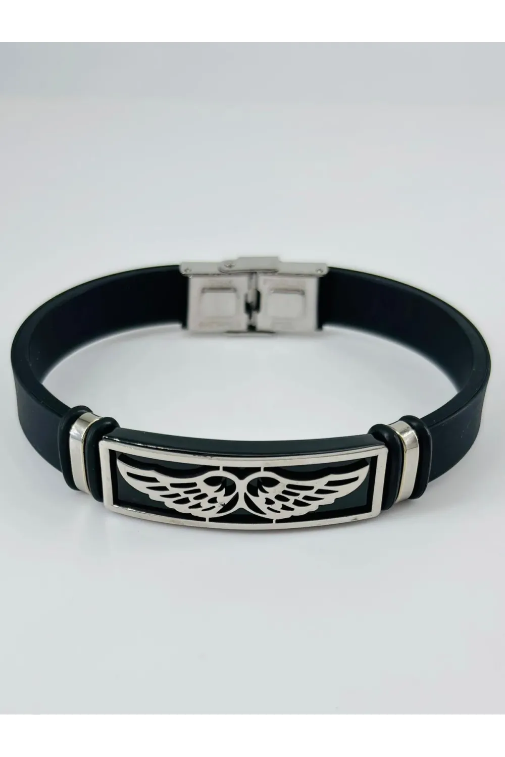 Siyah Silikon / Çelik  Erkek Deri Bileklik 20 Cm  - Ebl0127
