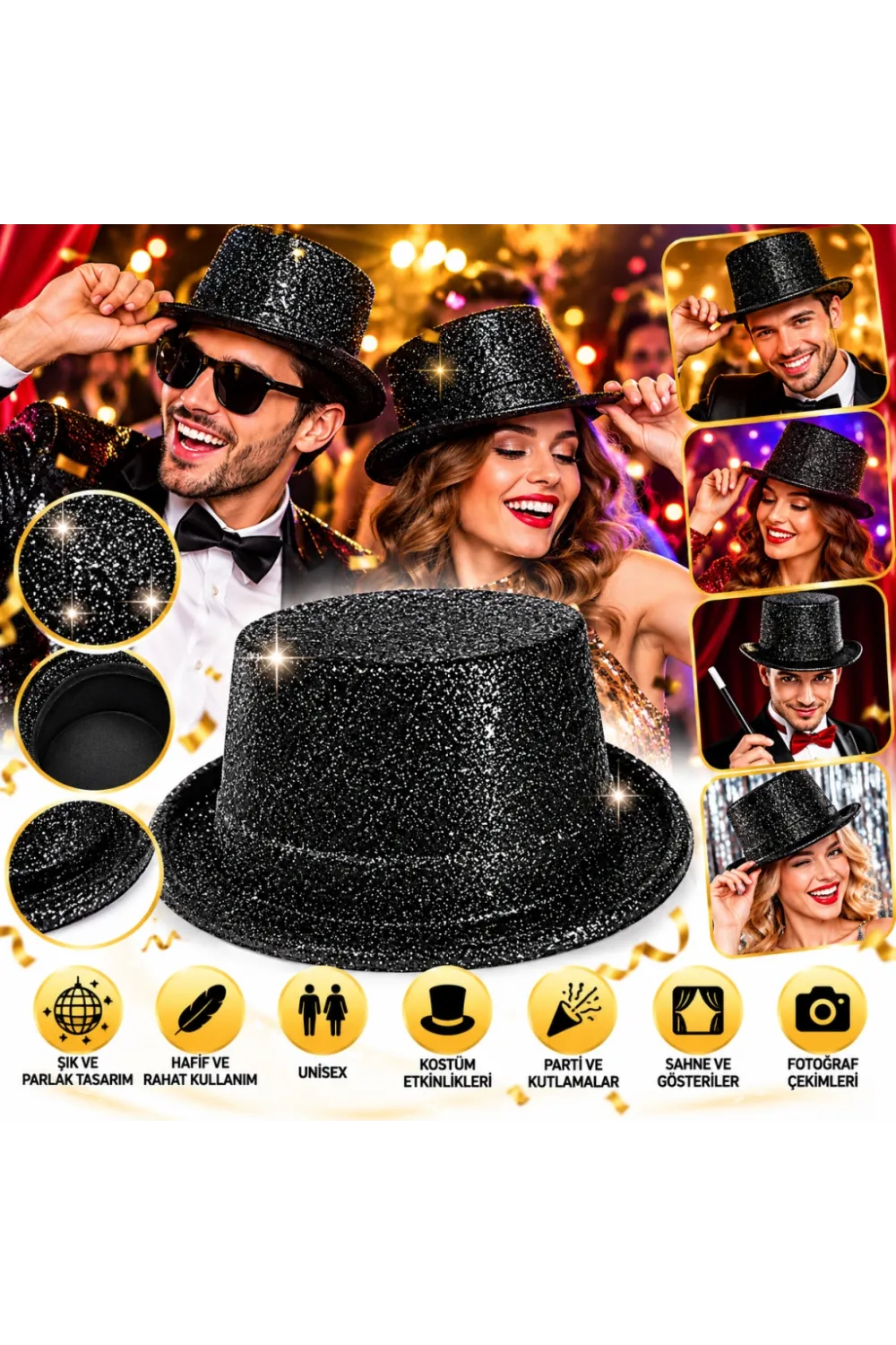 Siyah Simli Glitter Silindir Parti Şapkası