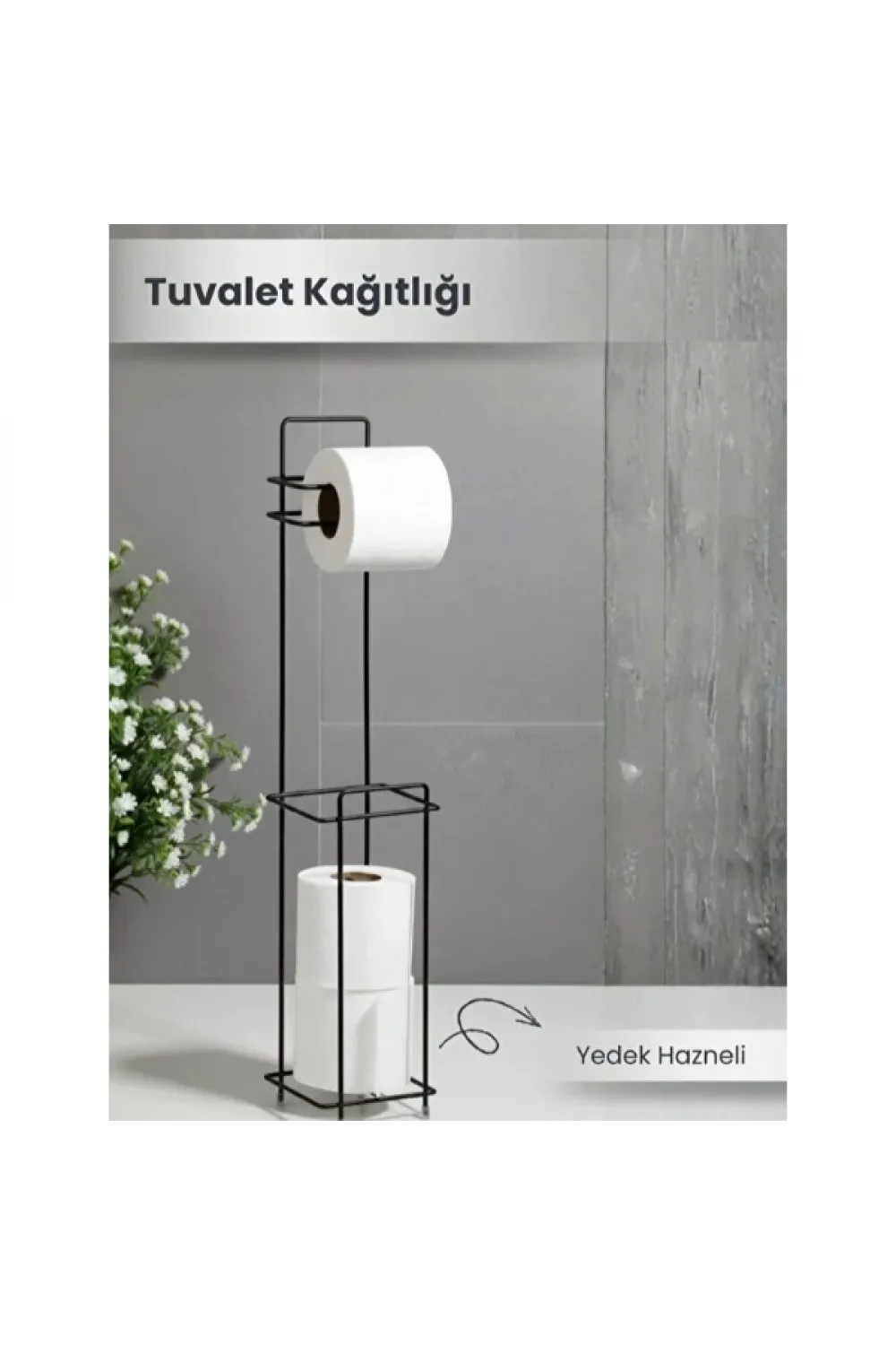 Siyah Standlı Yedek Hazneli Tuvalet Kağıtlığı