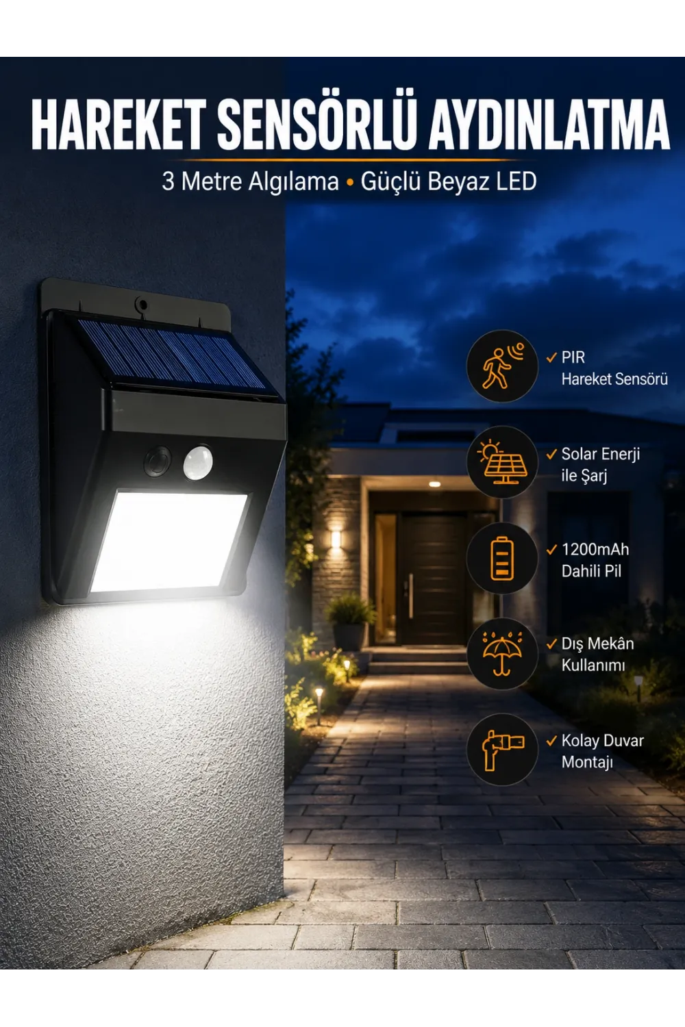 Solar Güneş Enerji Panelli Sensörlü Lamba Enerji Tasarruflu