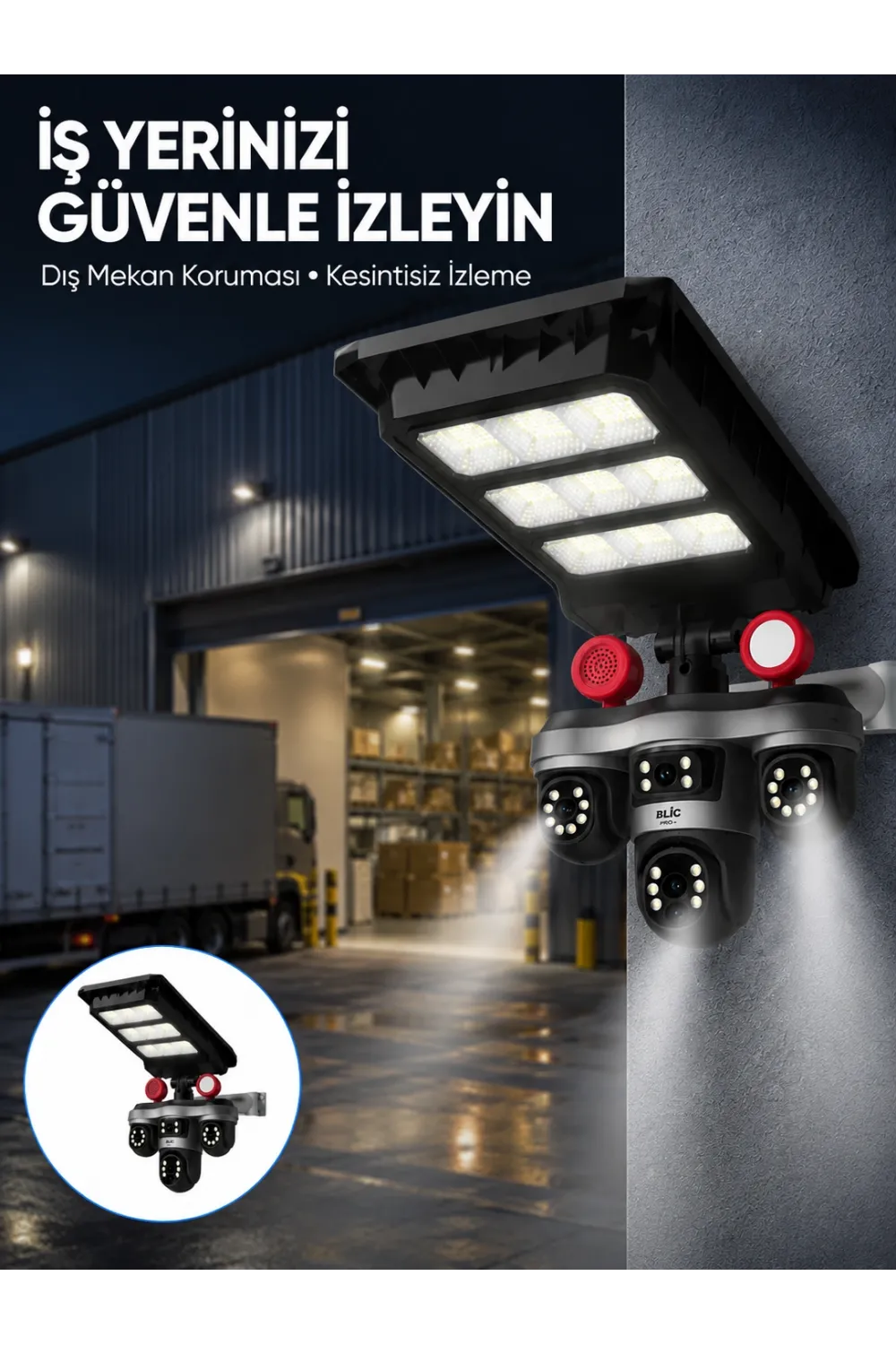 Solar Panelli 3 Lens Dış Mekan Güvenlik Kamerası Hareket Algılamalı Led Aydınlatmalı