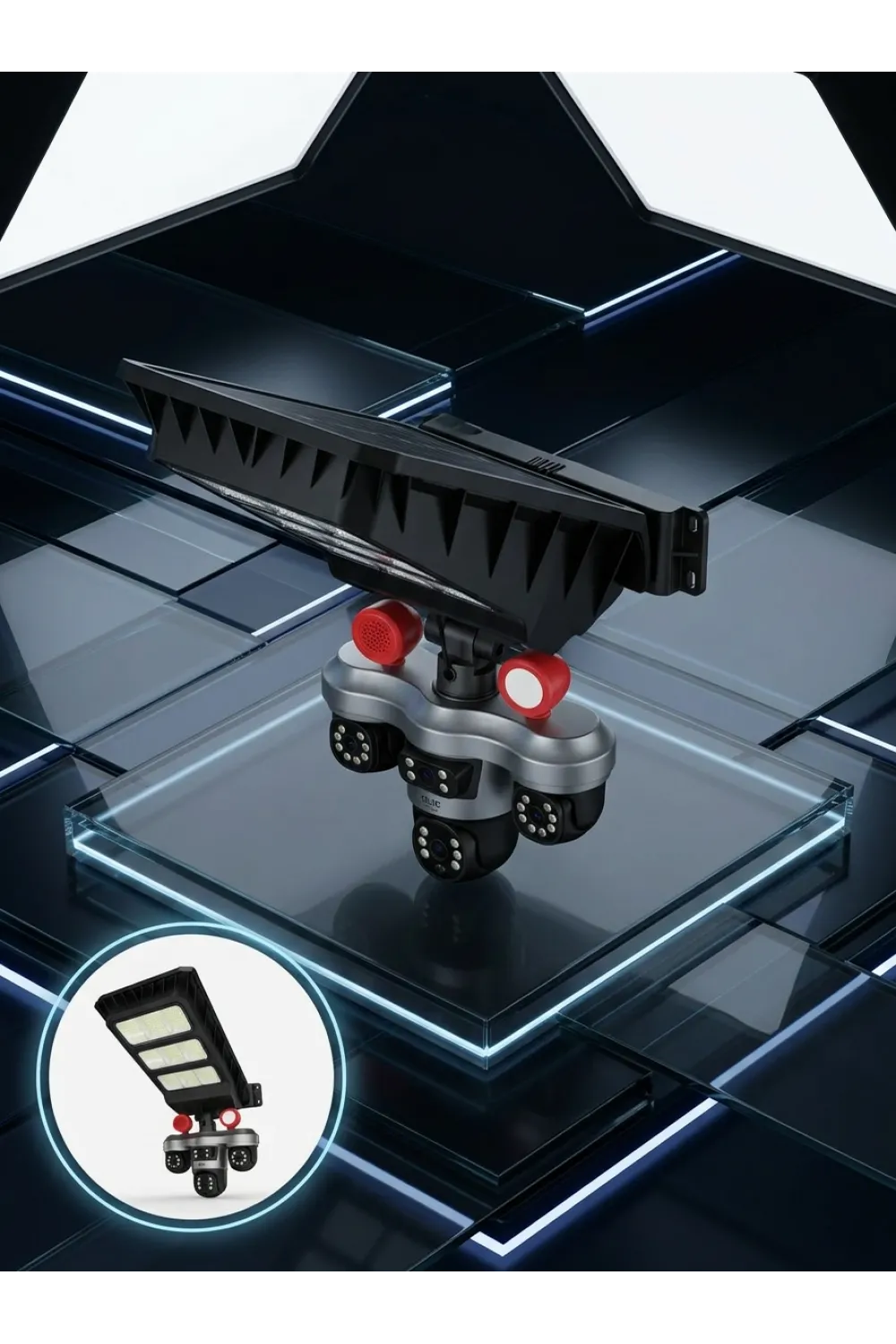 Solar Panelli 3 Lens Dış Mekan Güvenlik Kamerası Hareket Algılamalı Led Aydınlatmalı