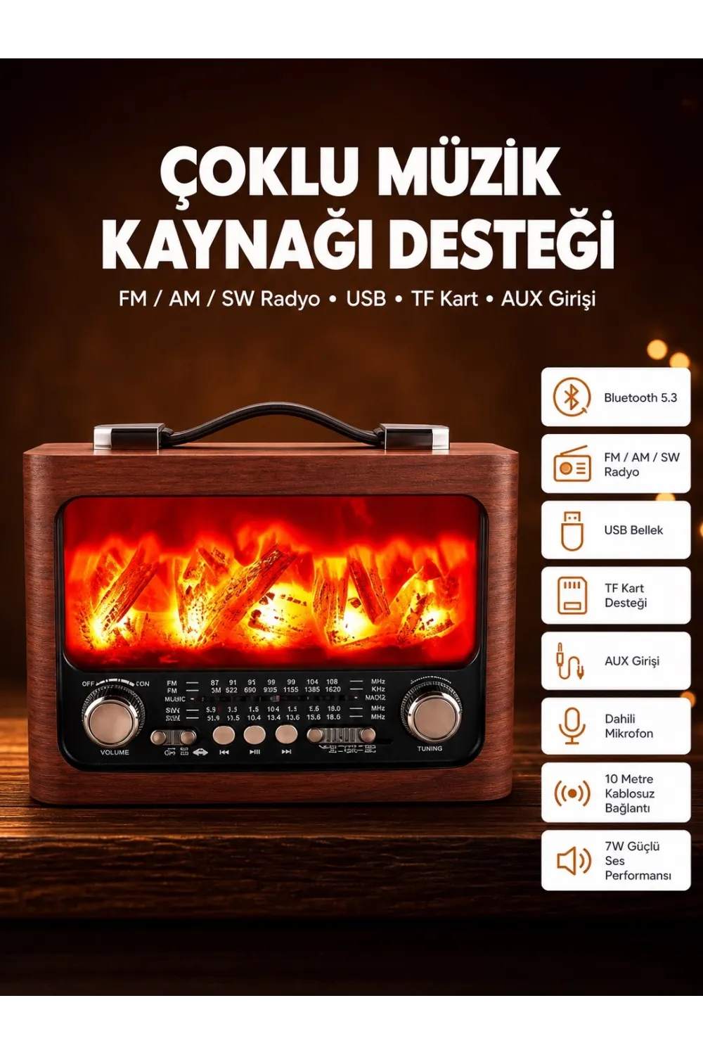 Solar Panelli Alev Işıklı Bluetooth Hoparlör – Çoklu Giriş, Uzun Pil Ömrü