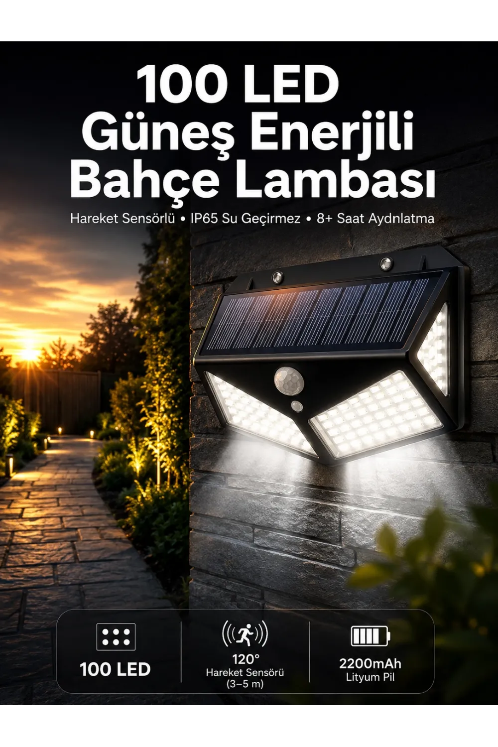 Solar Sensörlü Duvar Lambası Bahçe Lambası Parlak Beyaz Işık Suya Dayanıklı
