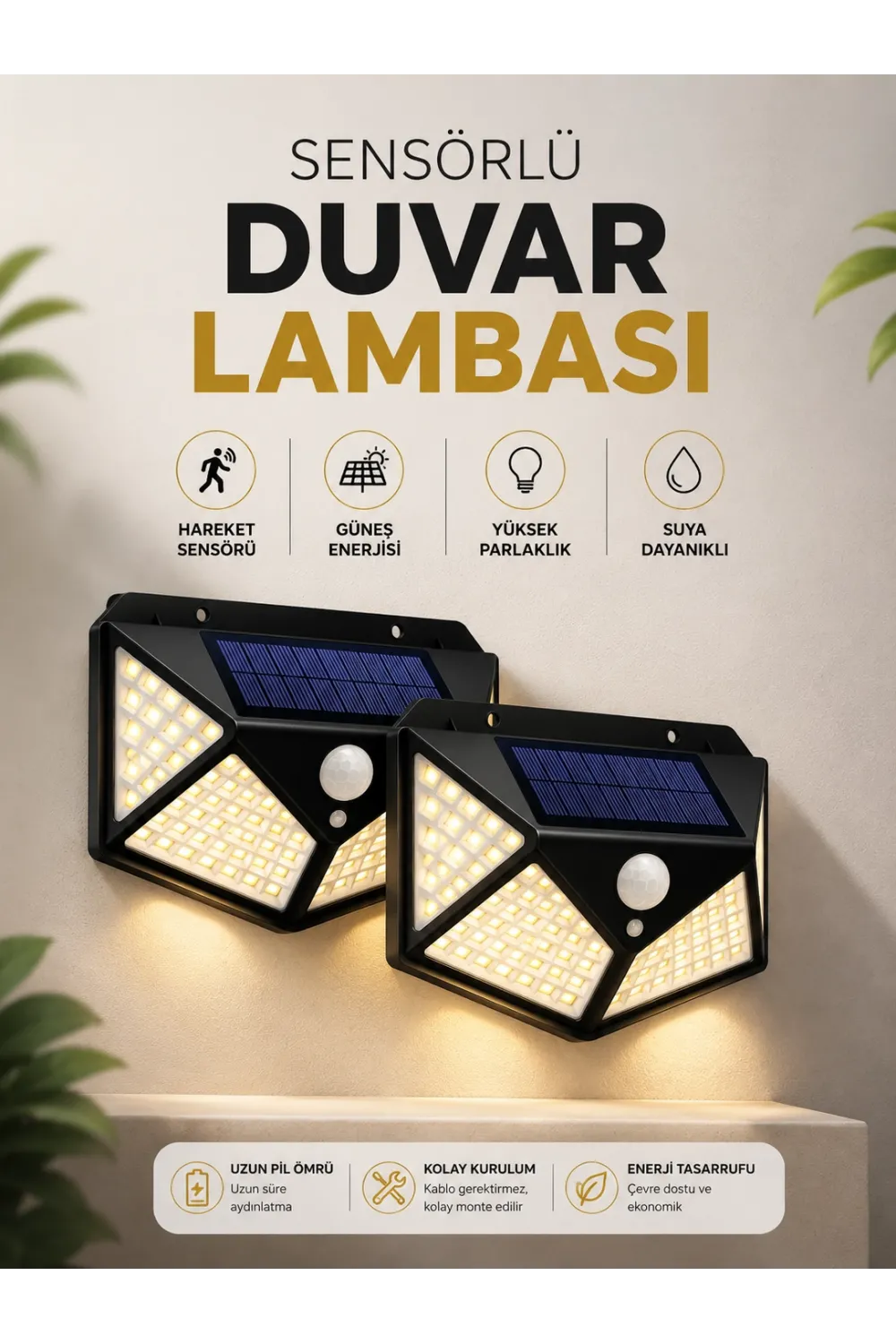 Solar Sensörlü Duvar Lambası Bahçe Lambaso Parlak Beyaz Işık Suya Dayanıklı