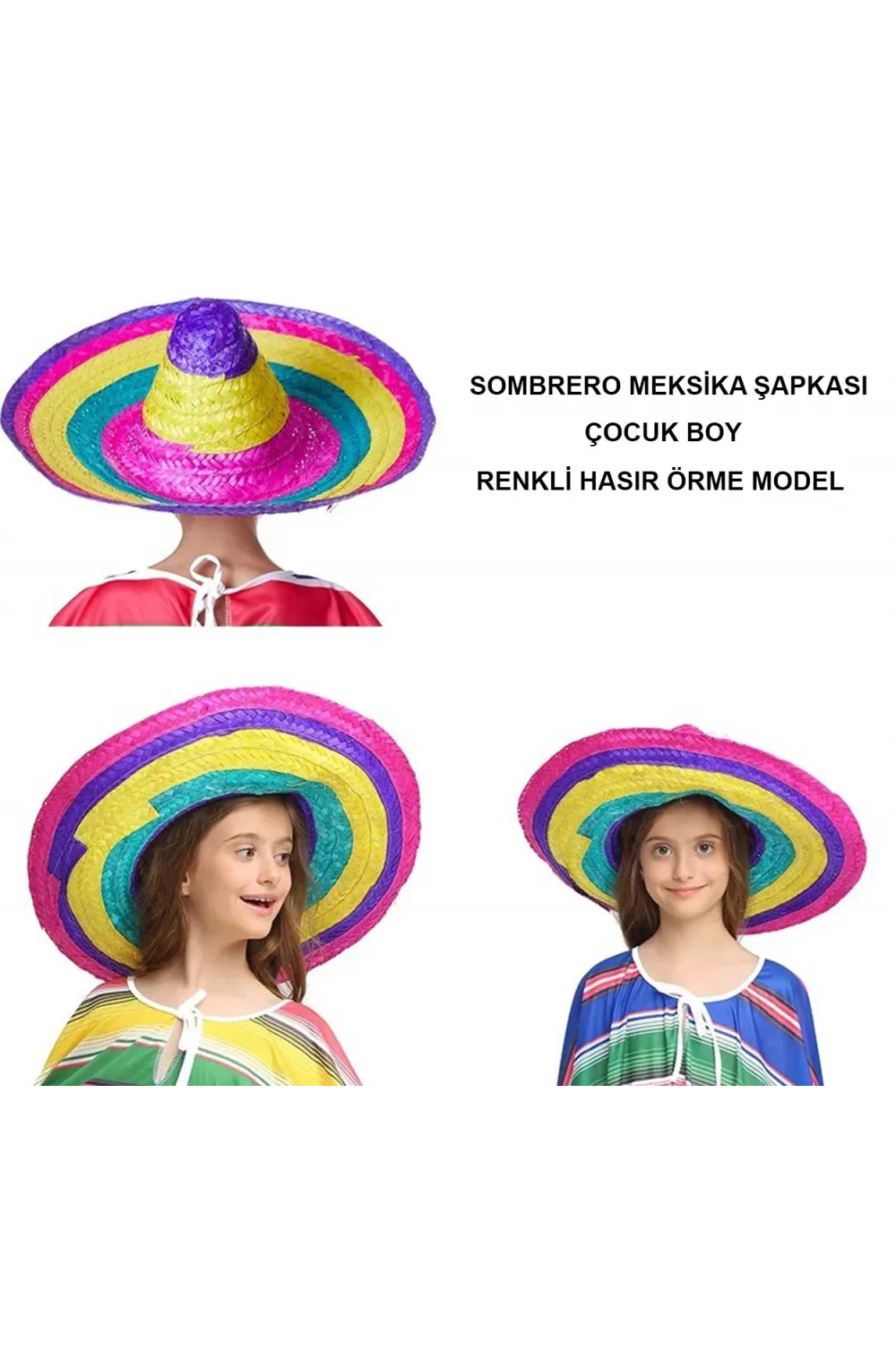 Sombrero Meksika Şapkası Renkli Örme Hasır Çocuk Boy