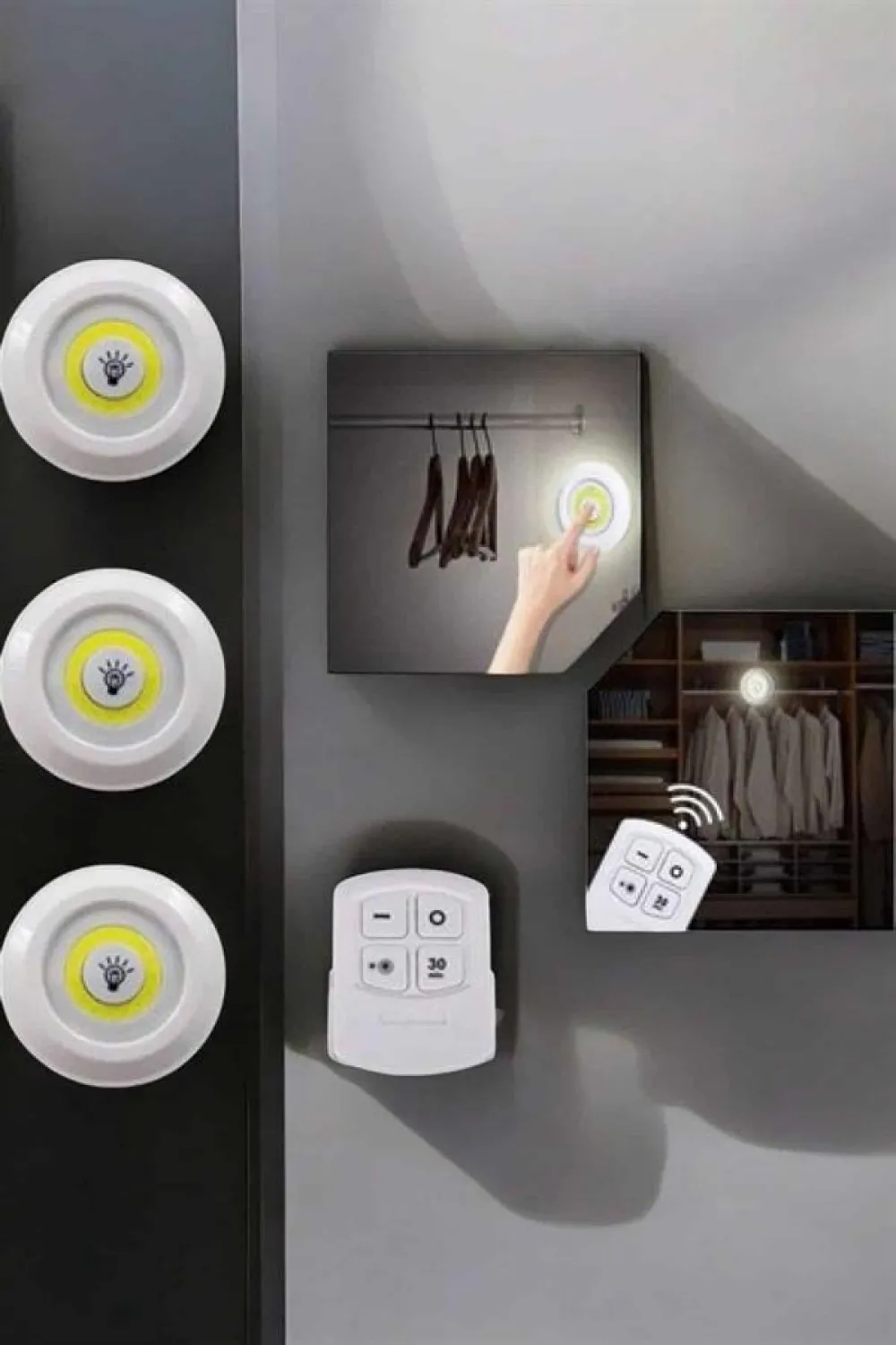 Spot Lamba Led Işık 3lü Uzaktan Kumandalı Pilli Yapışkanlı Kablosuz