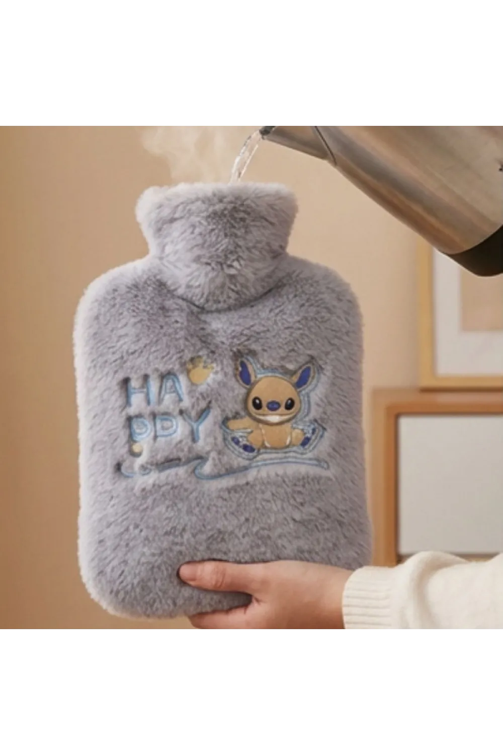 Stitch Figürlü Gri Peluş Sıcak Su Torbası 1 Litre