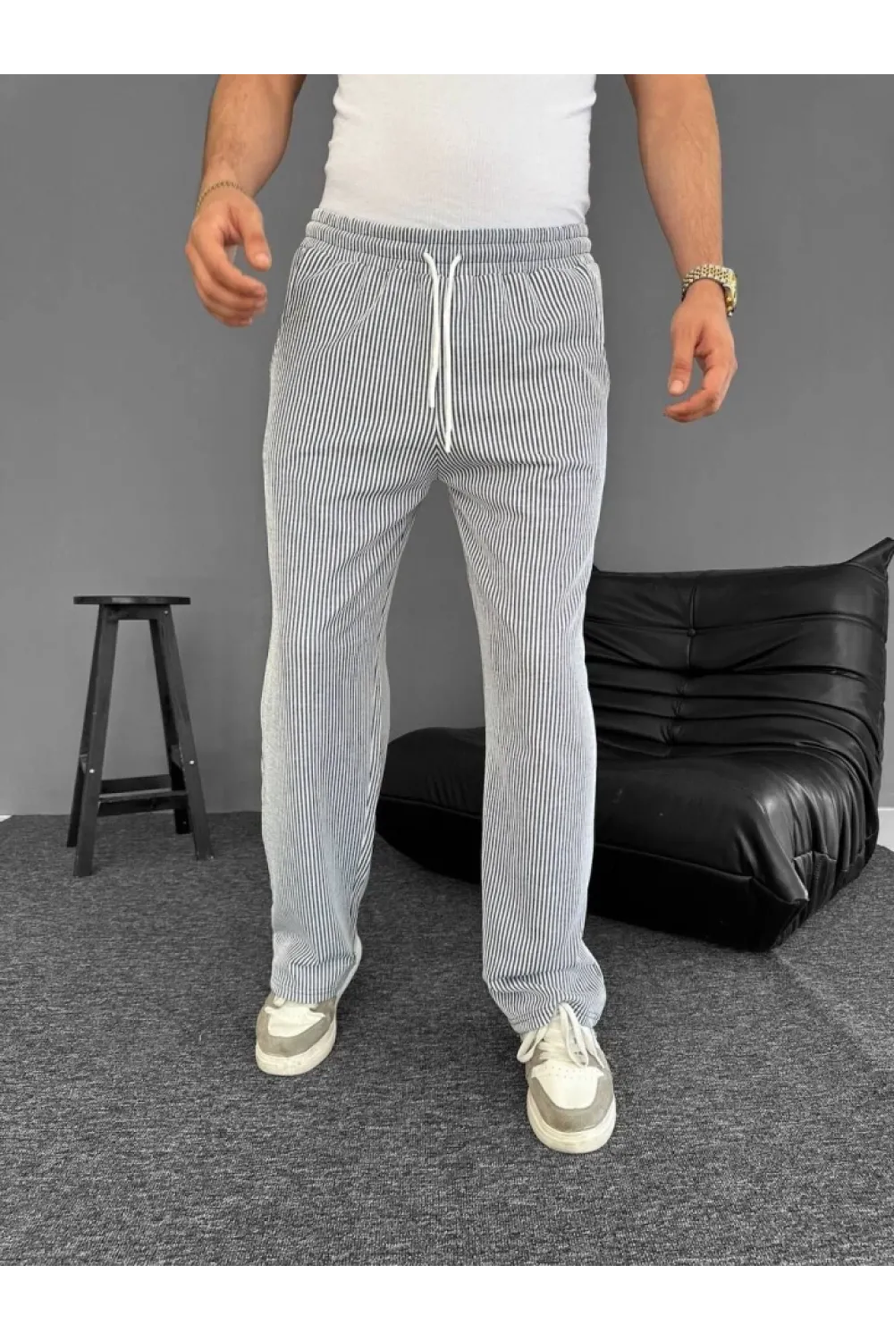 Su Yolu Çizgili Cepli Pantalon - Gri
