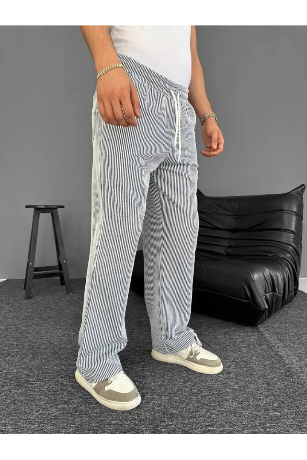 Su Yolu Çizgili Cepli Pantalon - Gri