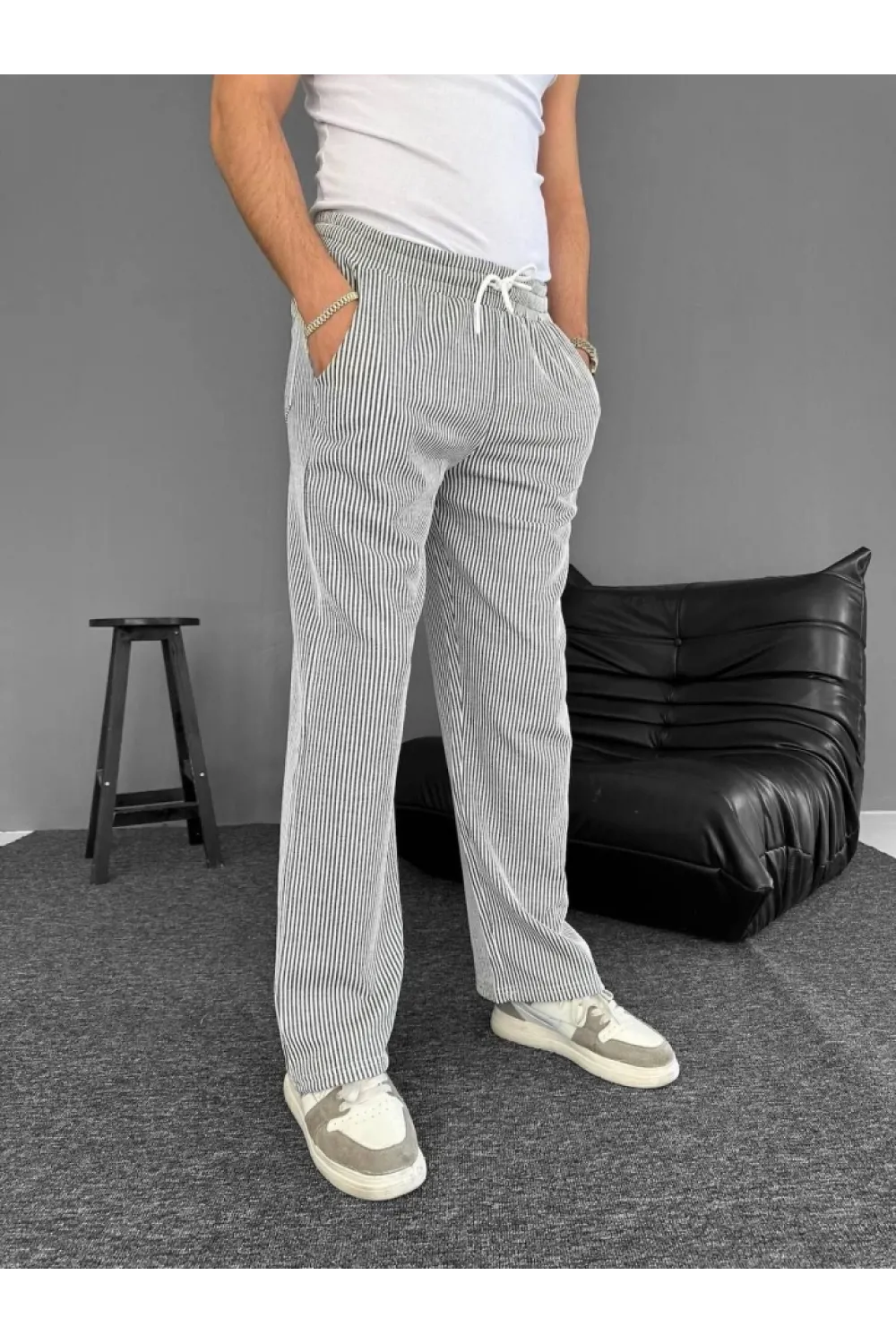 Su Yolu Çizgili Cepli Pantalon - Gri