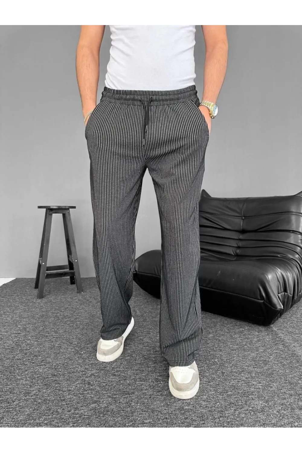 Su Yolu Çizgili Cepli Pantalon - Siyah