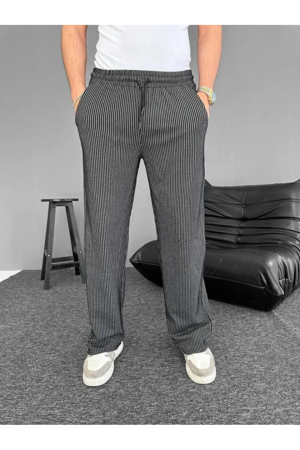Su Yolu Çizgili Cepli Pantalon - Siyah