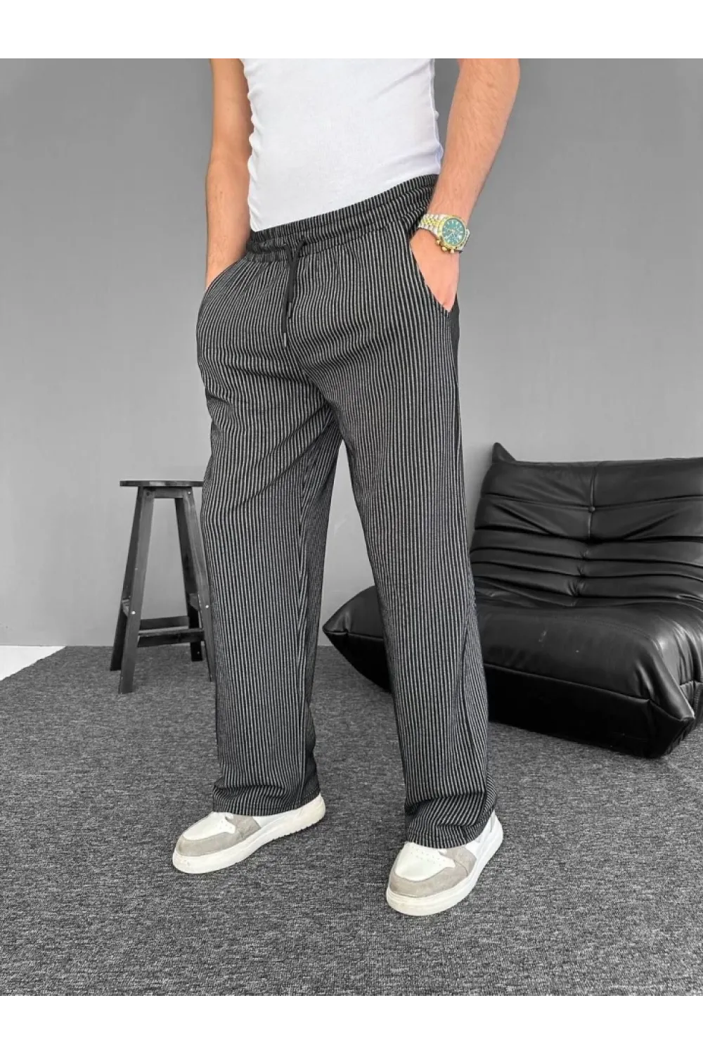 Su Yolu Çizgili Cepli Pantalon - Siyah