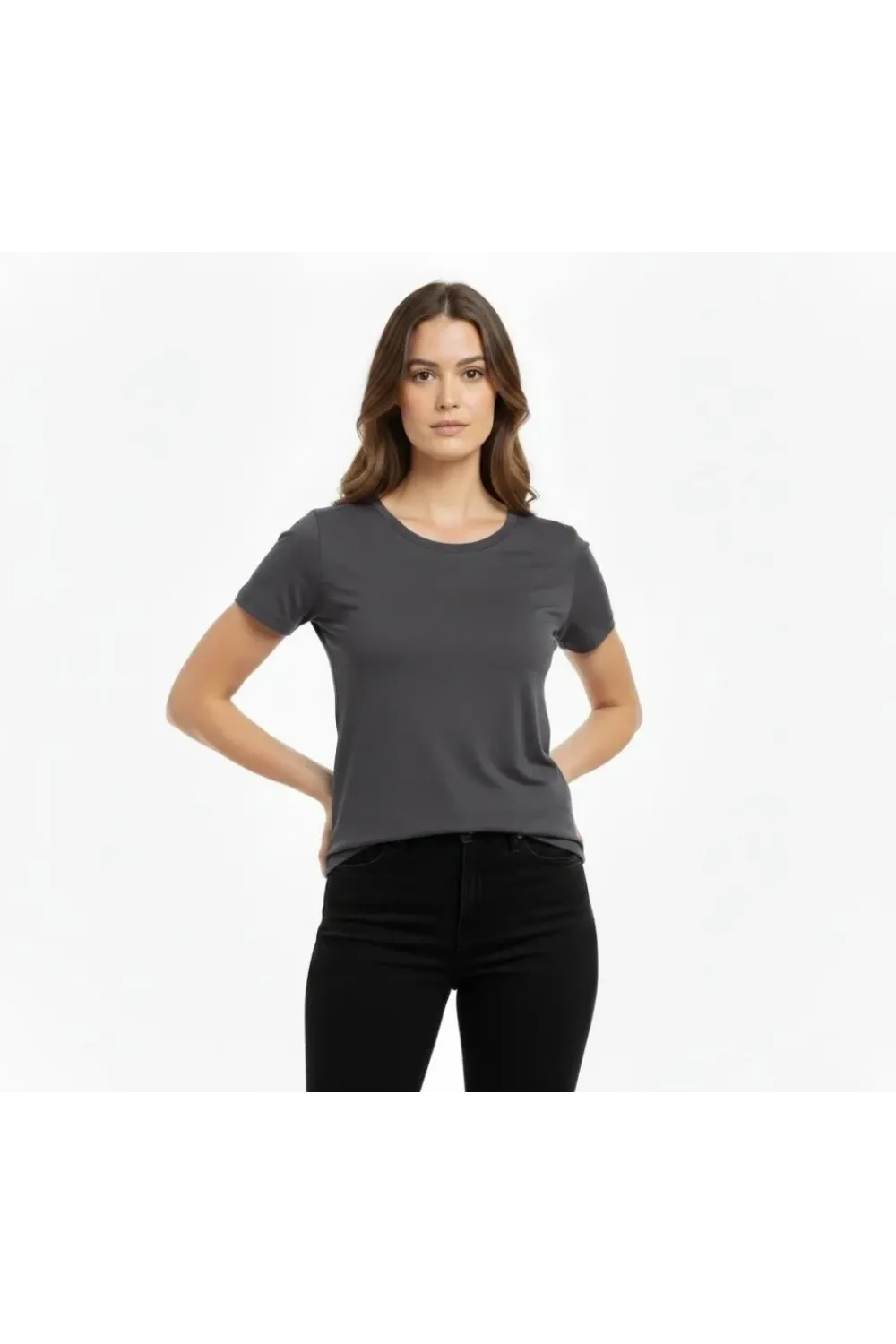 T-Shirt Bisiklet Yaka Slim Fit Likralı Tişört Günlük Basic Body - Füme