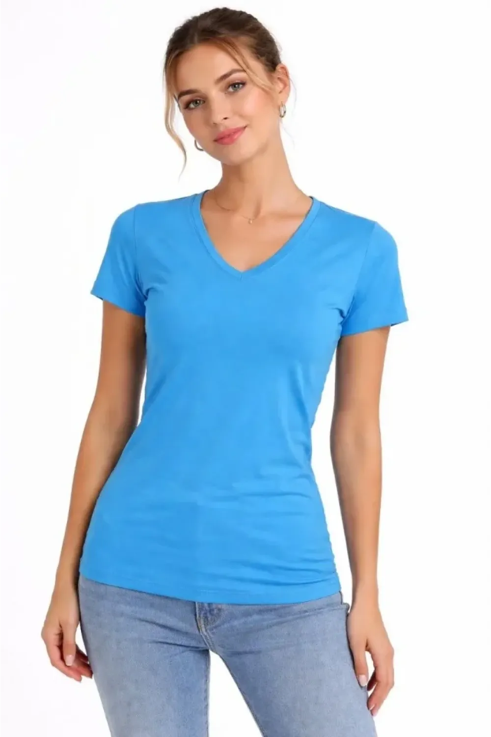 T-Shirt V Yaka Slim Fit Likralı Tişört Günlük Basic Body - Açık Mavi