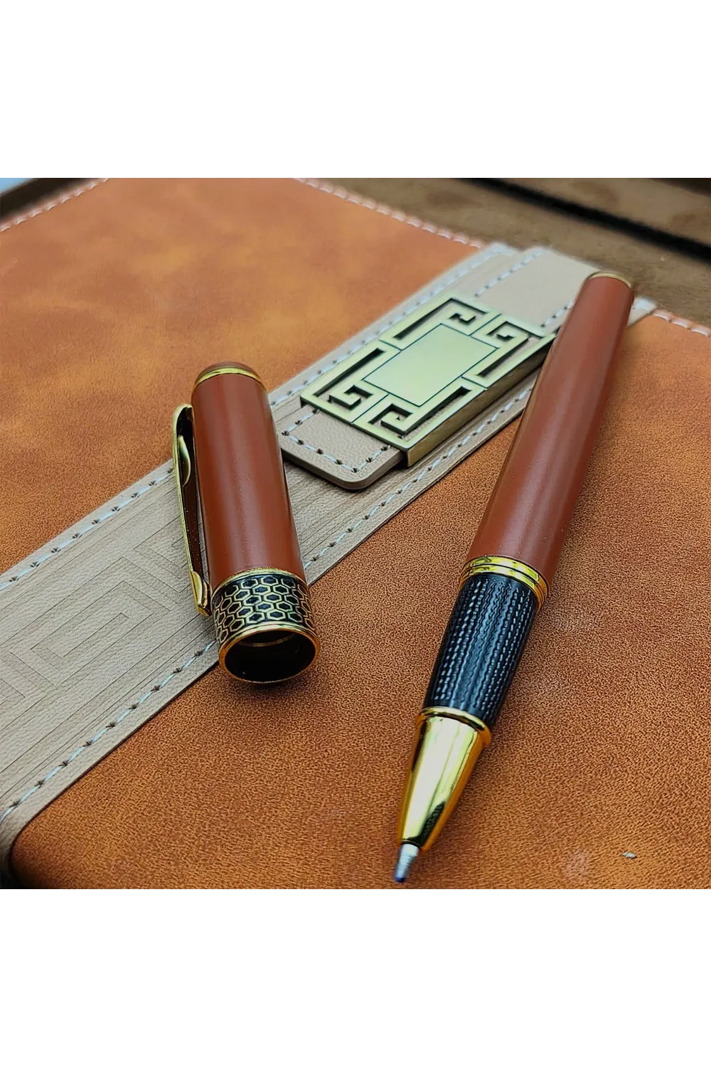 Taba Rengi Termo Deri Defter Ve Metal Roller Kalem Seti