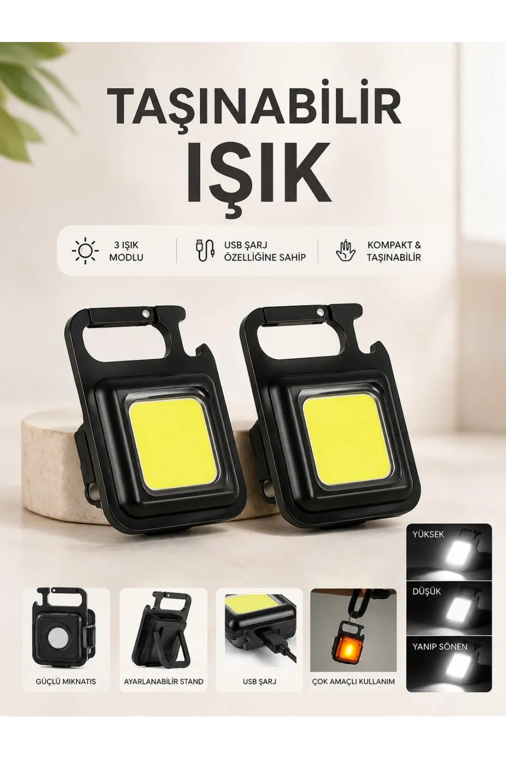 Taşınabilir Işık 3 Işık Modlu Usb Şarj Özeeliğine Sahip