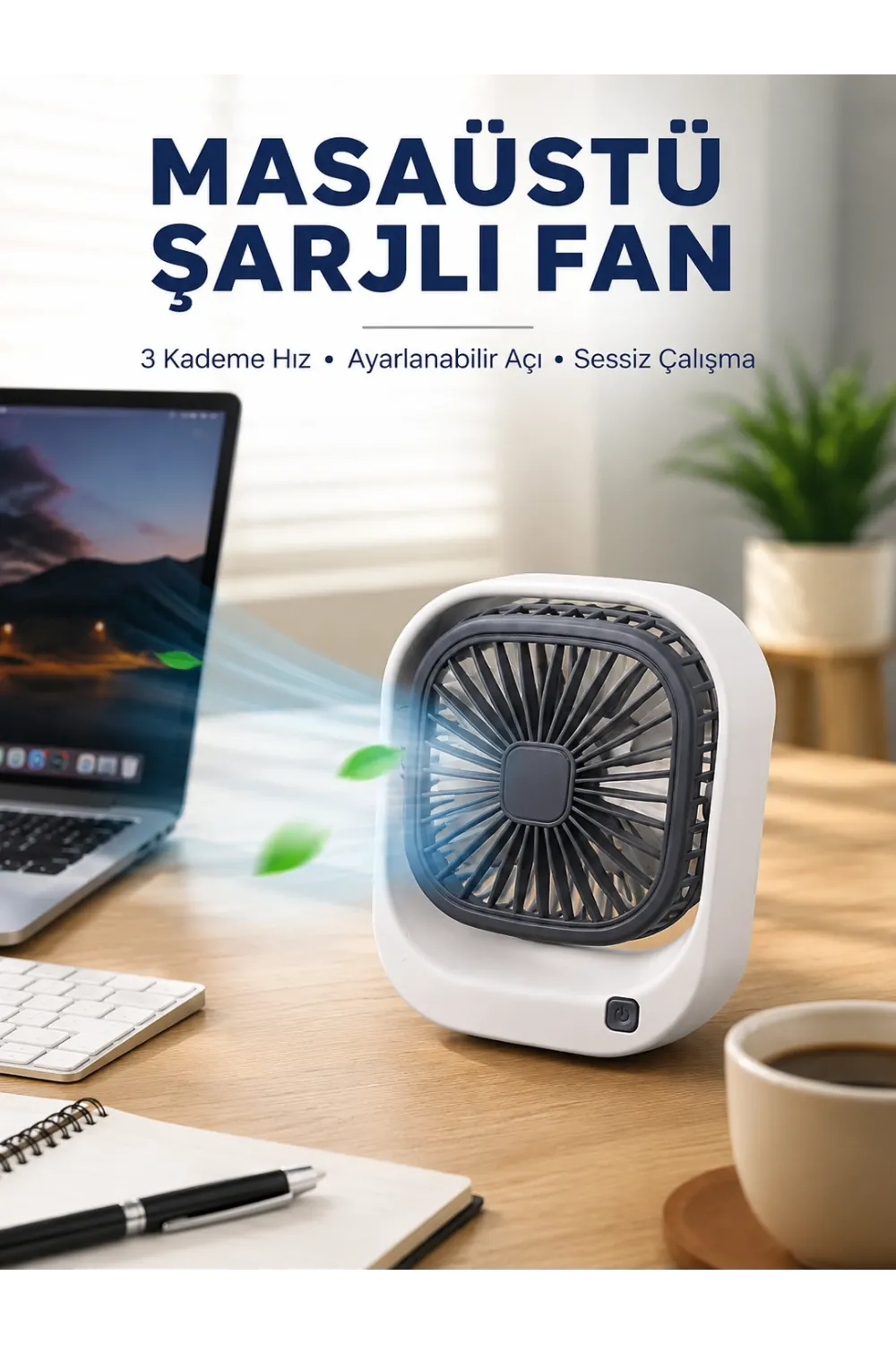 Taşınabilir Masaüstü Fan Ayarlanabilir Açılı Şarjlı Tasarım