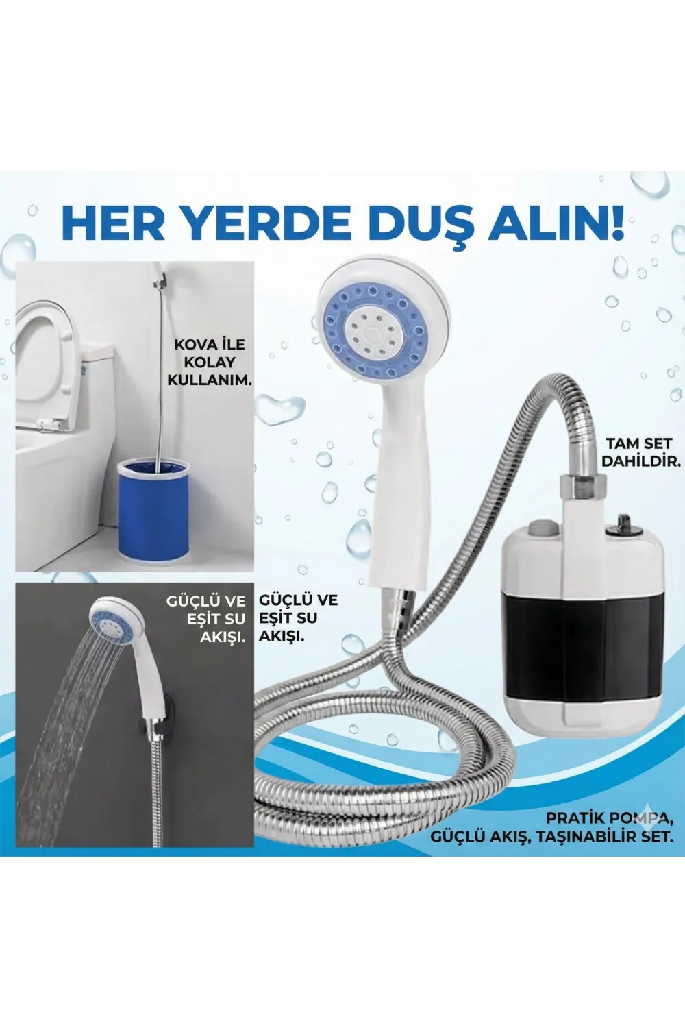 Taşınabilir Şarjlı Seyyar Duş Seti ( Pompa - Hortum - Duş Başlığı )