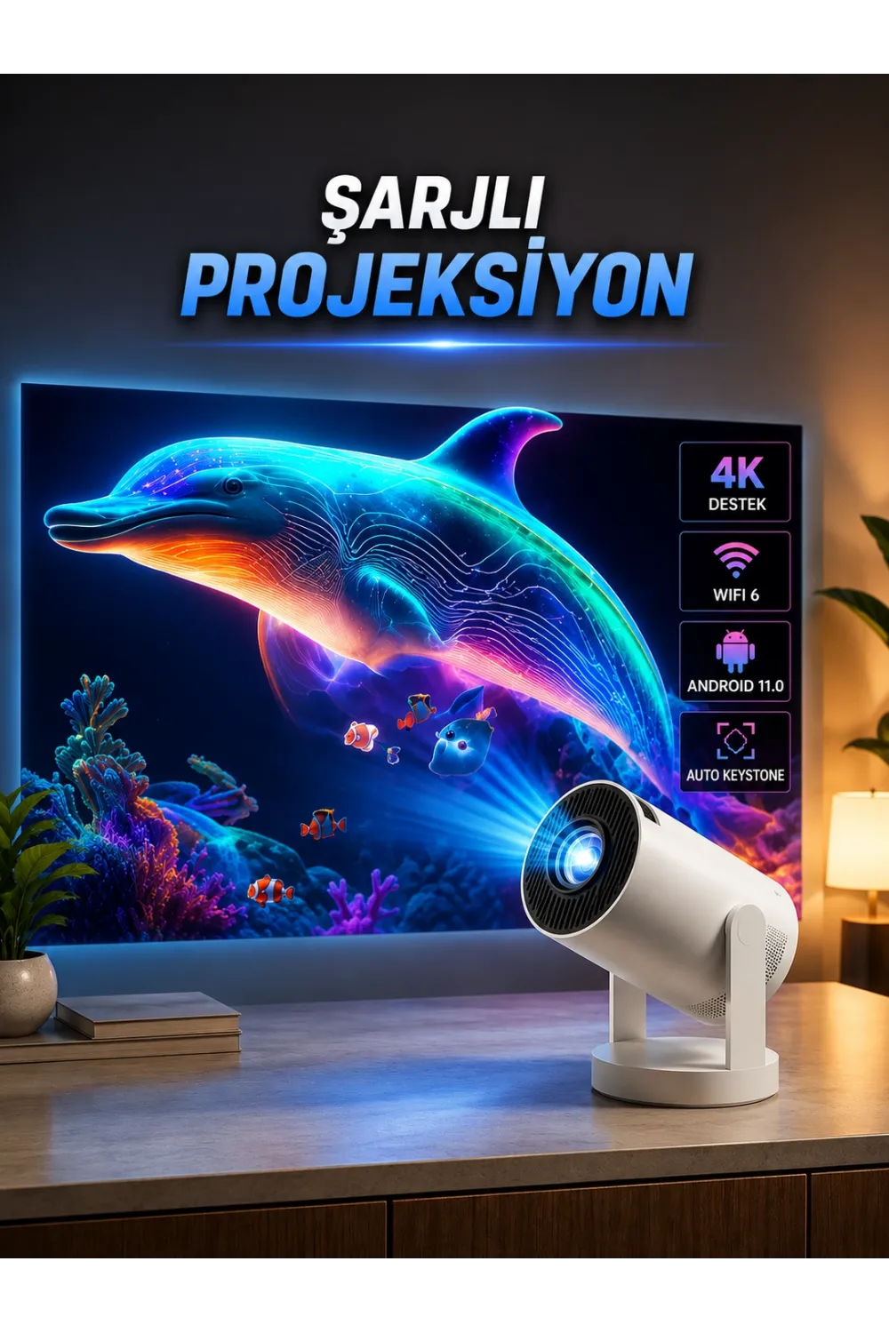 Taşınabilir Sinema Oyun Projektörü Akıllı Projeksiyon Android 11