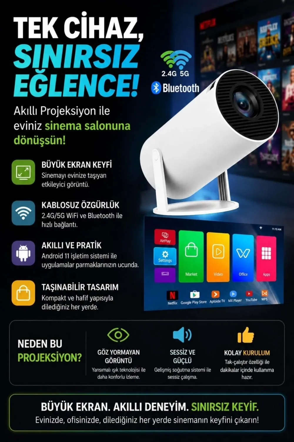 Taşınabilir Sinema Projektörü Bluetooth Android 11 Akıllı Projeksiyon Wifi Beyaz