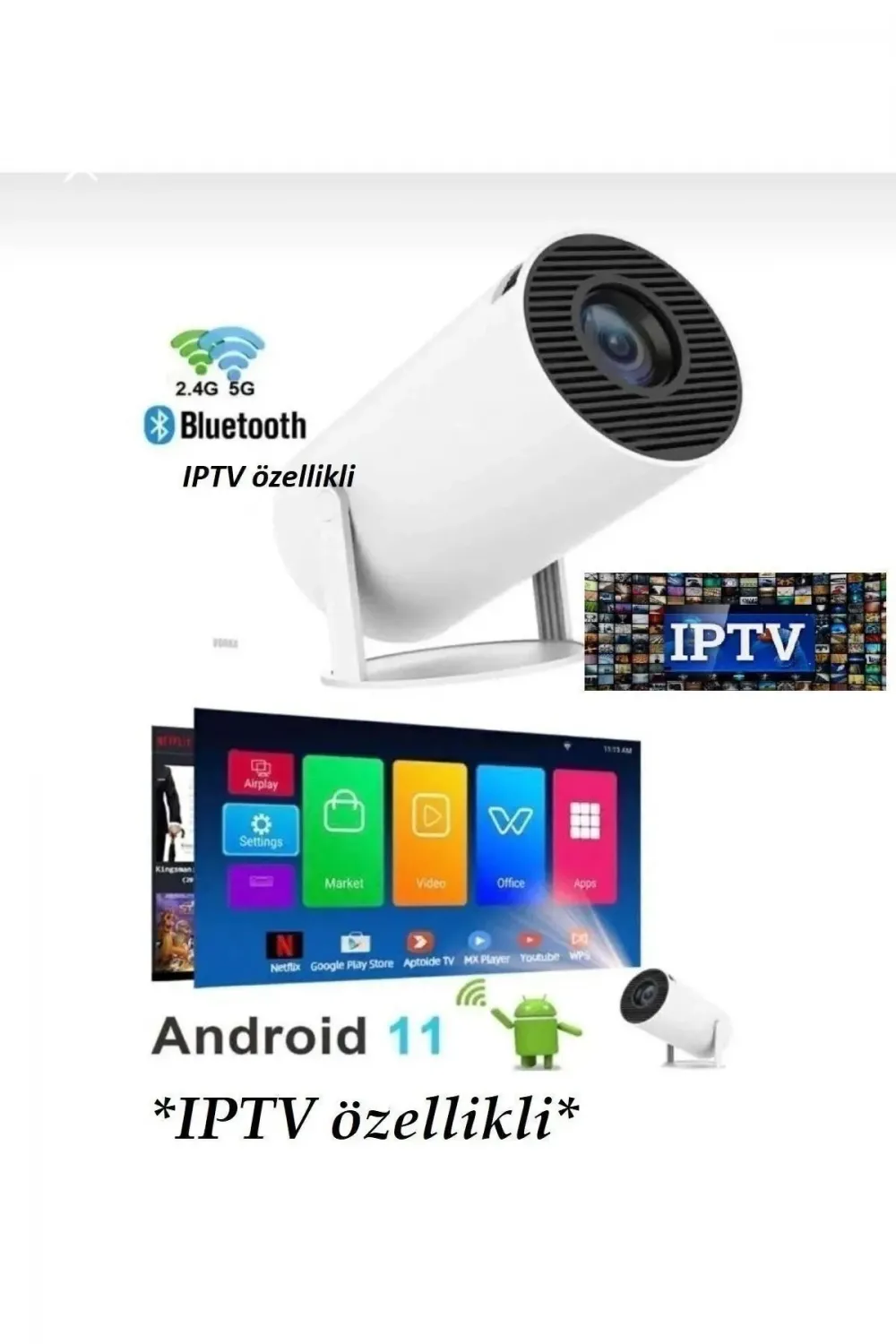 Taşınabilir Sinema Projektörü Pro Telefon Destekli Android 11 Akıllı Projeksiyon