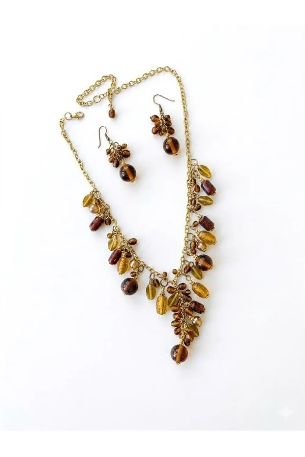 Taşlı Set Kolye - Kahverengi