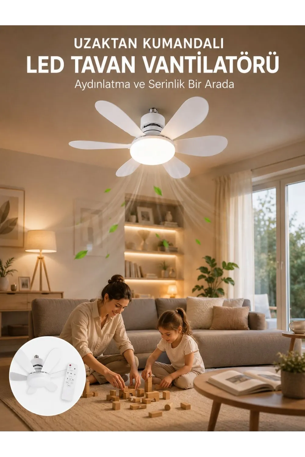 Tavan Vantilatörü Sessiz Motorlu Uzaktan Kumandalı Led Aydınlatma Güçlü Serinletme