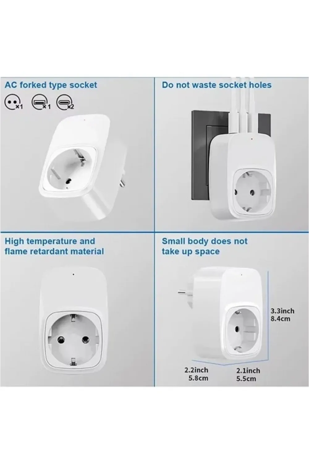 Tekli Yüksek Voltaj Korumalı Duvar Prizi 2x Type-c 1x Usb Çıkışlı Priz Grup Priz Çoğaltıcı Siyah
