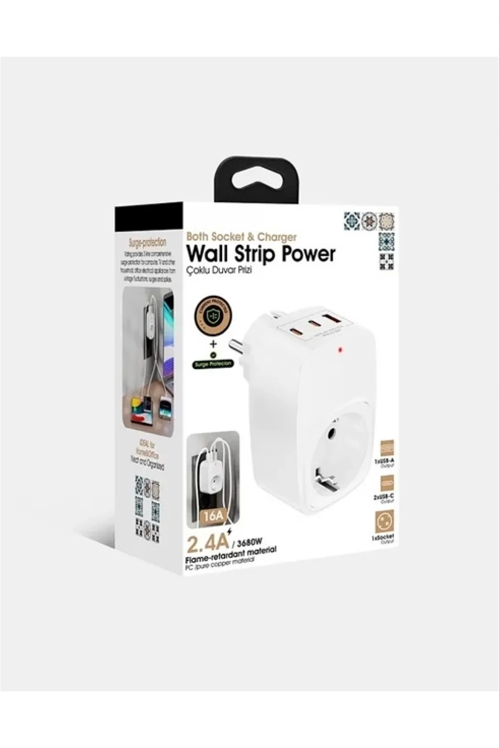 Tekli Yüksek Voltaj Korumalı Duvar Prizi 2x Type-c 1x Usb Çıkışlı Priz Grup Priz Çoğaltıcı Siyah