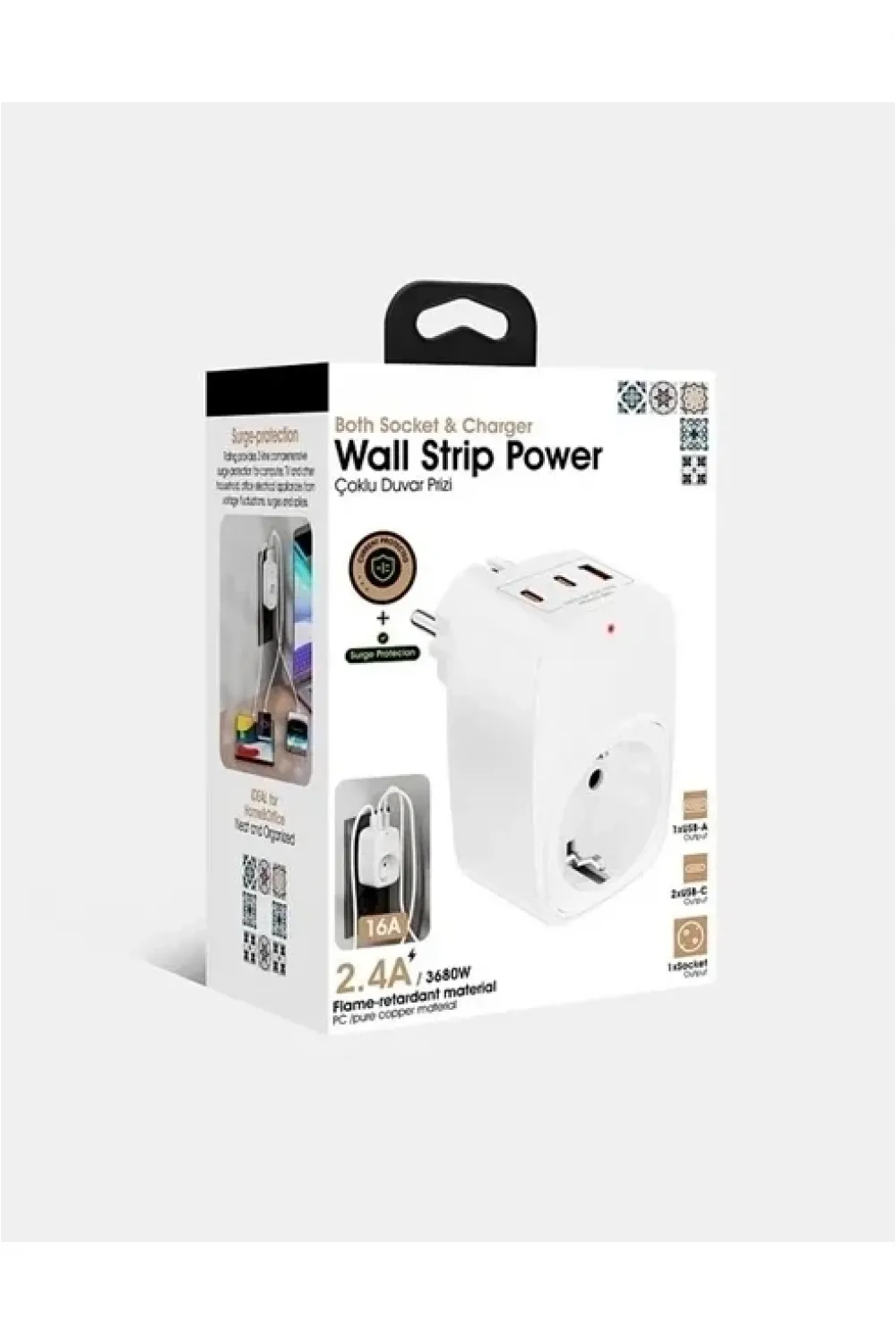 Tekli Yüksek Voltaj Korumalı Duvar Prizi 2x Typec 1x Usb Çıkışlı Priz Grup Priz Çoğaltıcı Beyaz