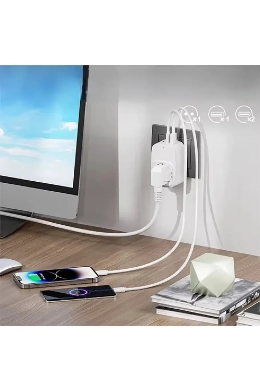 Tekli Yüksek Voltaj Korumalı Duvar Prizi 2x Typec 1x Usb Çıkışlı Priz Grup Priz Çoğaltıcı Beyaz