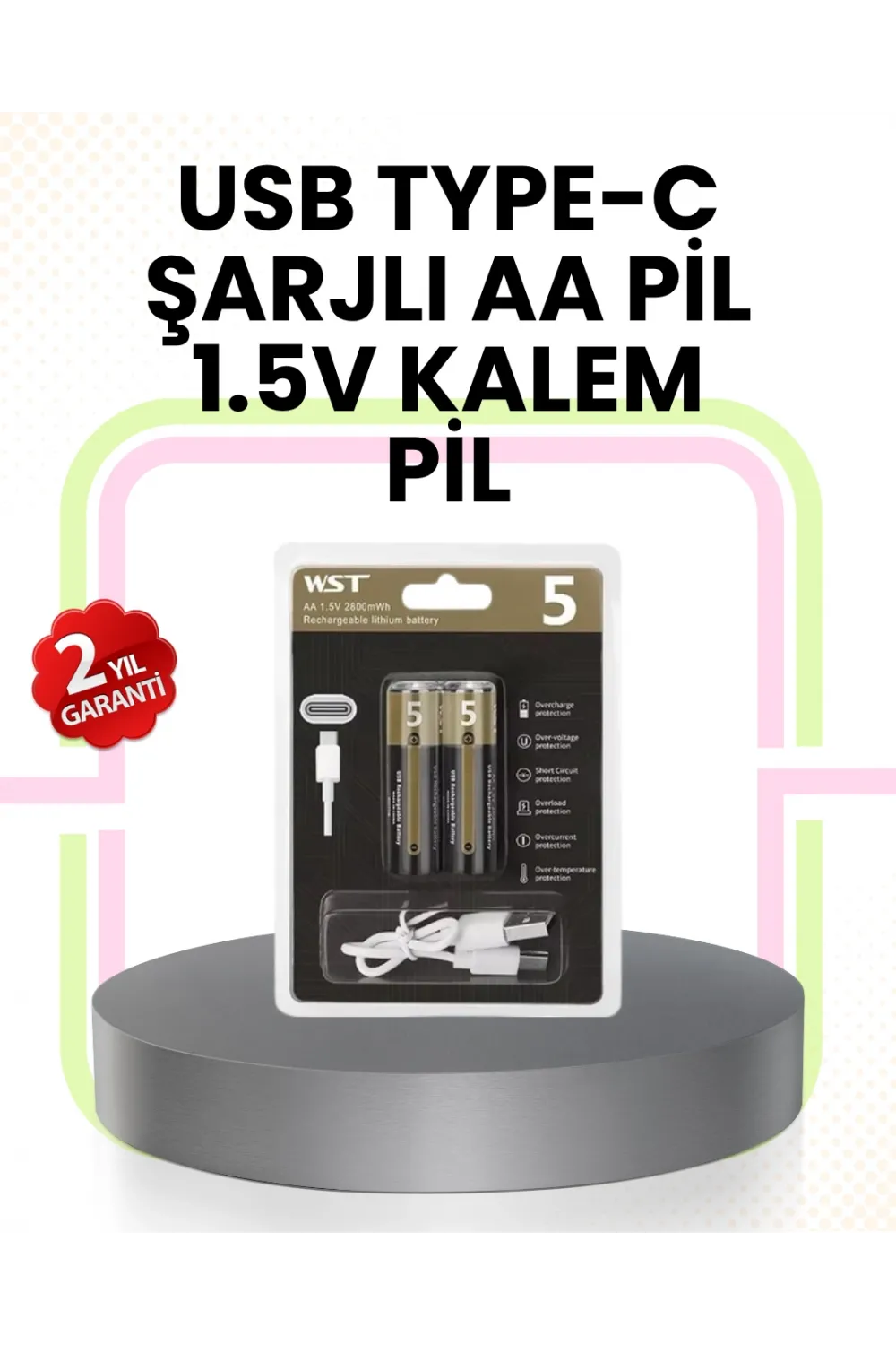 Tekrar Şarj Edilebilir Aa Usb Type-c Pil | 1000+ Döngü | 1.5v Sabit Voltaj