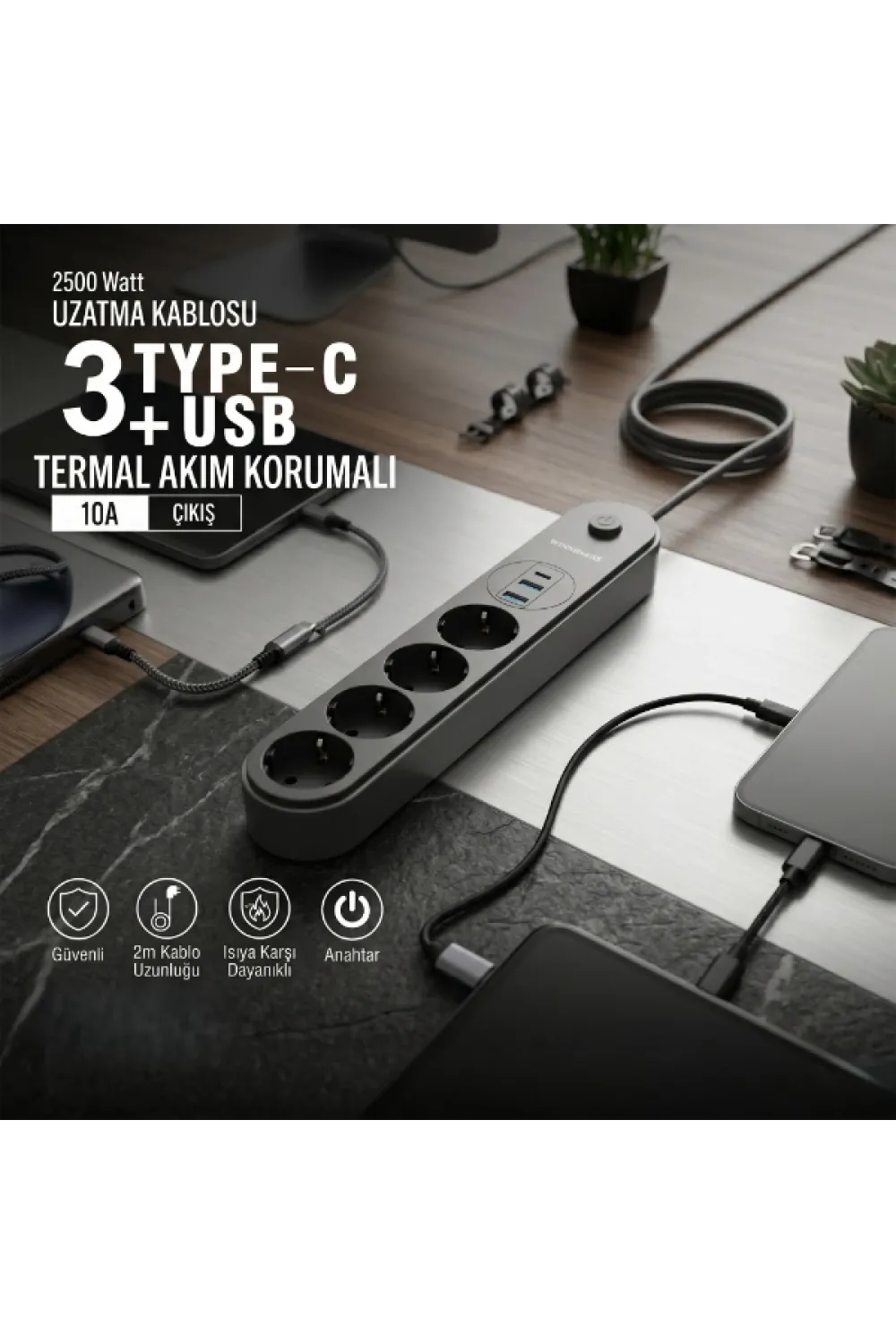 Termal Akım Korumalı 4 Prizli USB Girişli Uzatma Kablosu