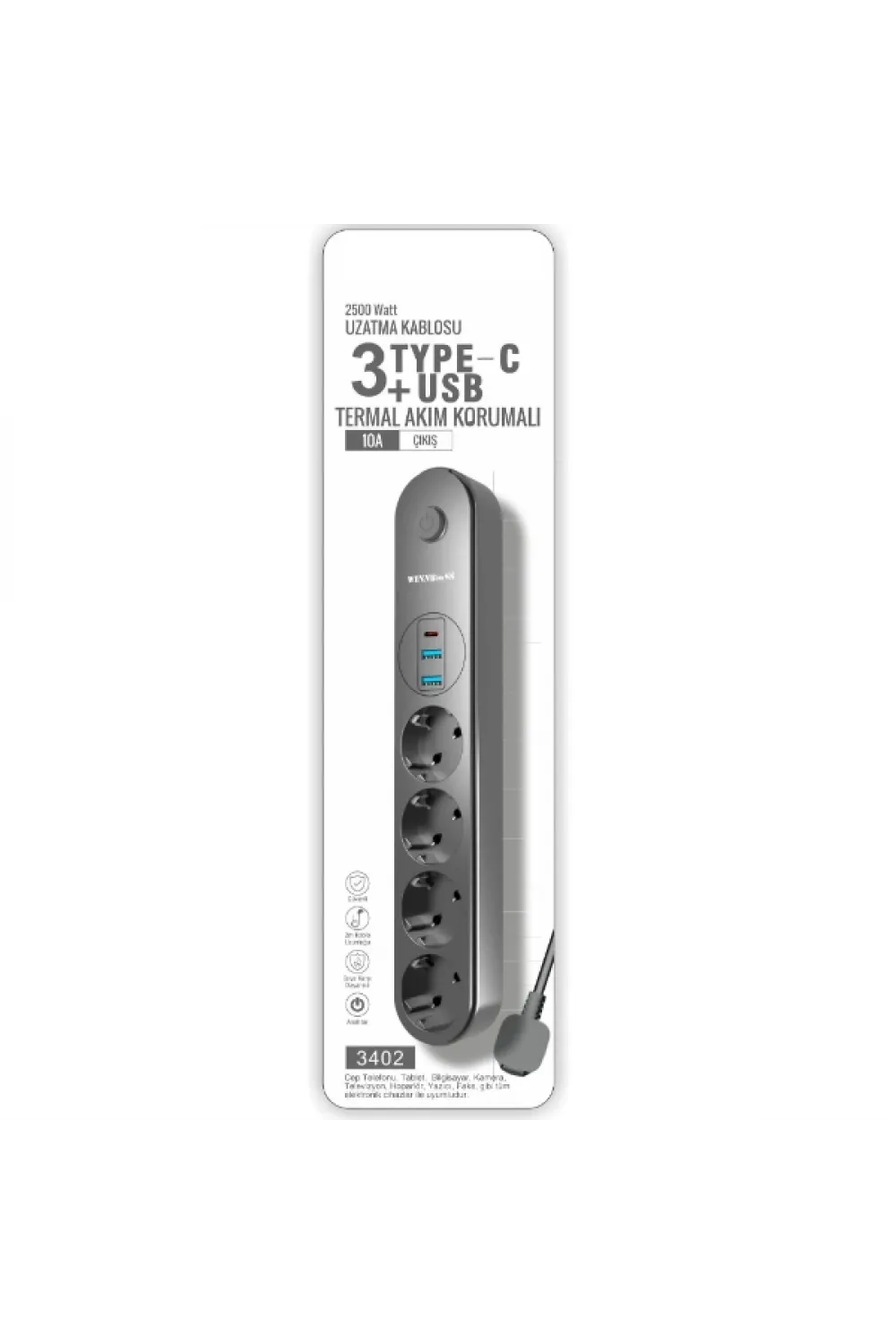 Termal Akım Korumalı 4 Prizli USB Girişli Uzatma Kablosu
