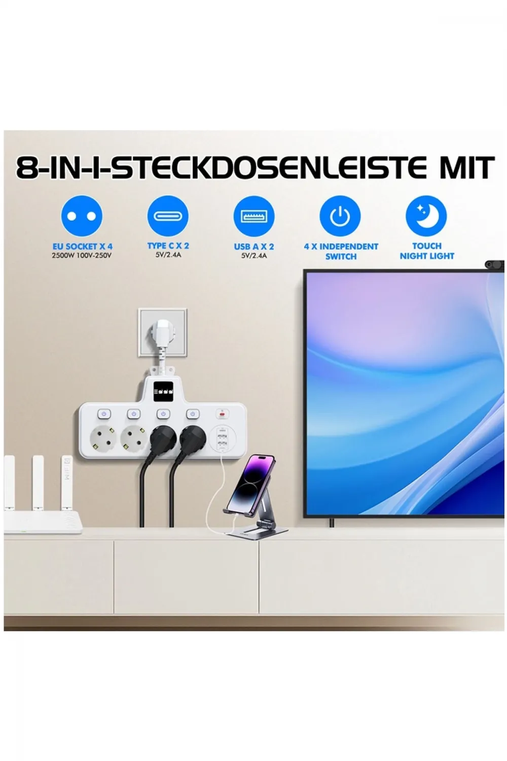 Termal Akım Korumalı 4’lü Duvar Tipi Priz 2x Usb 2x Type-c Çıkışlı Grup Priz Çoğaltıcı Beyaz (2500w)