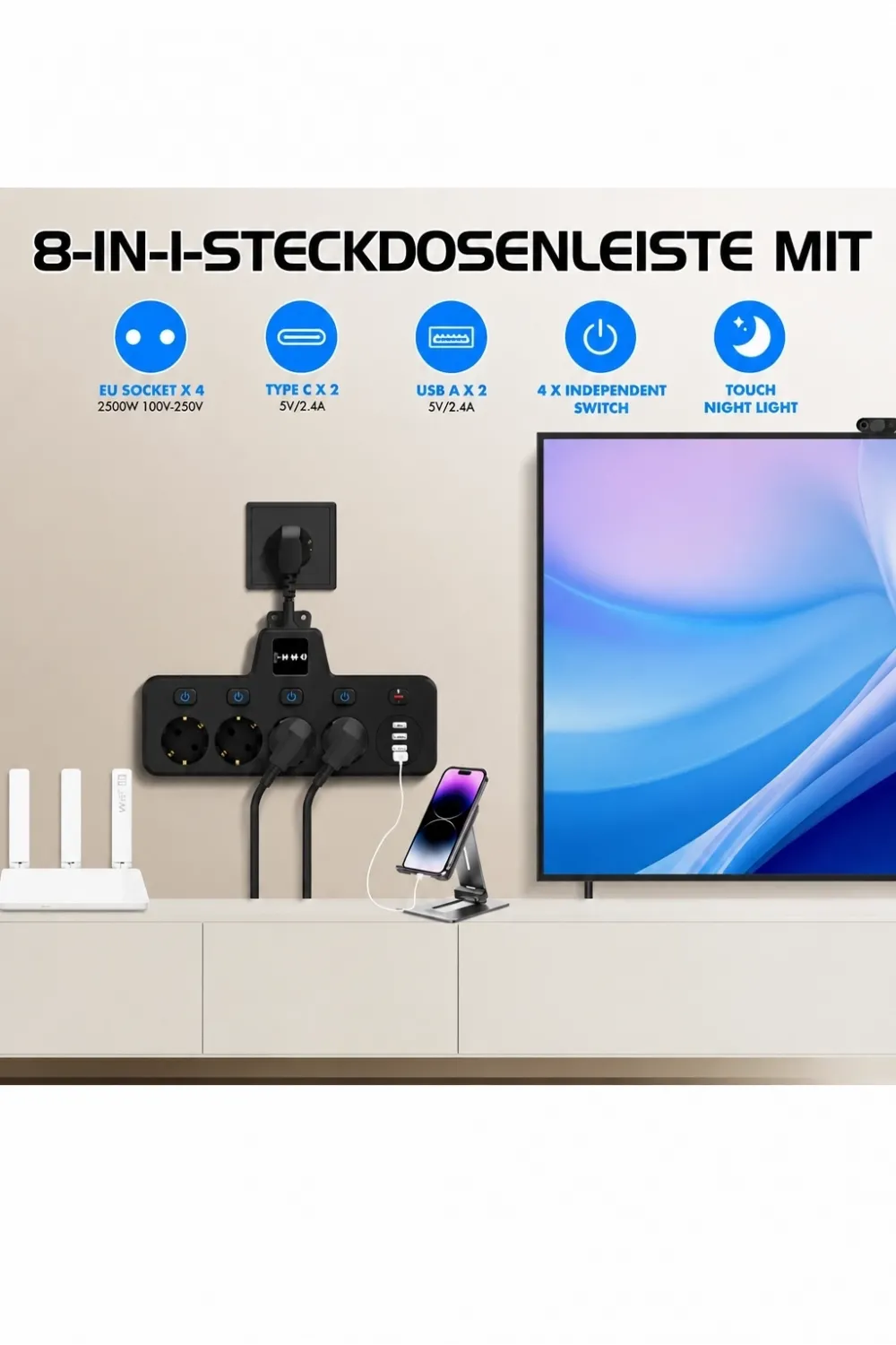 Termal Akım Korumalı 4’lü Duvar Tipi Priz 2x Usb 2x Type-c Çıkışlı Grup Priz Çoğaltıcı Siyah (2500w)