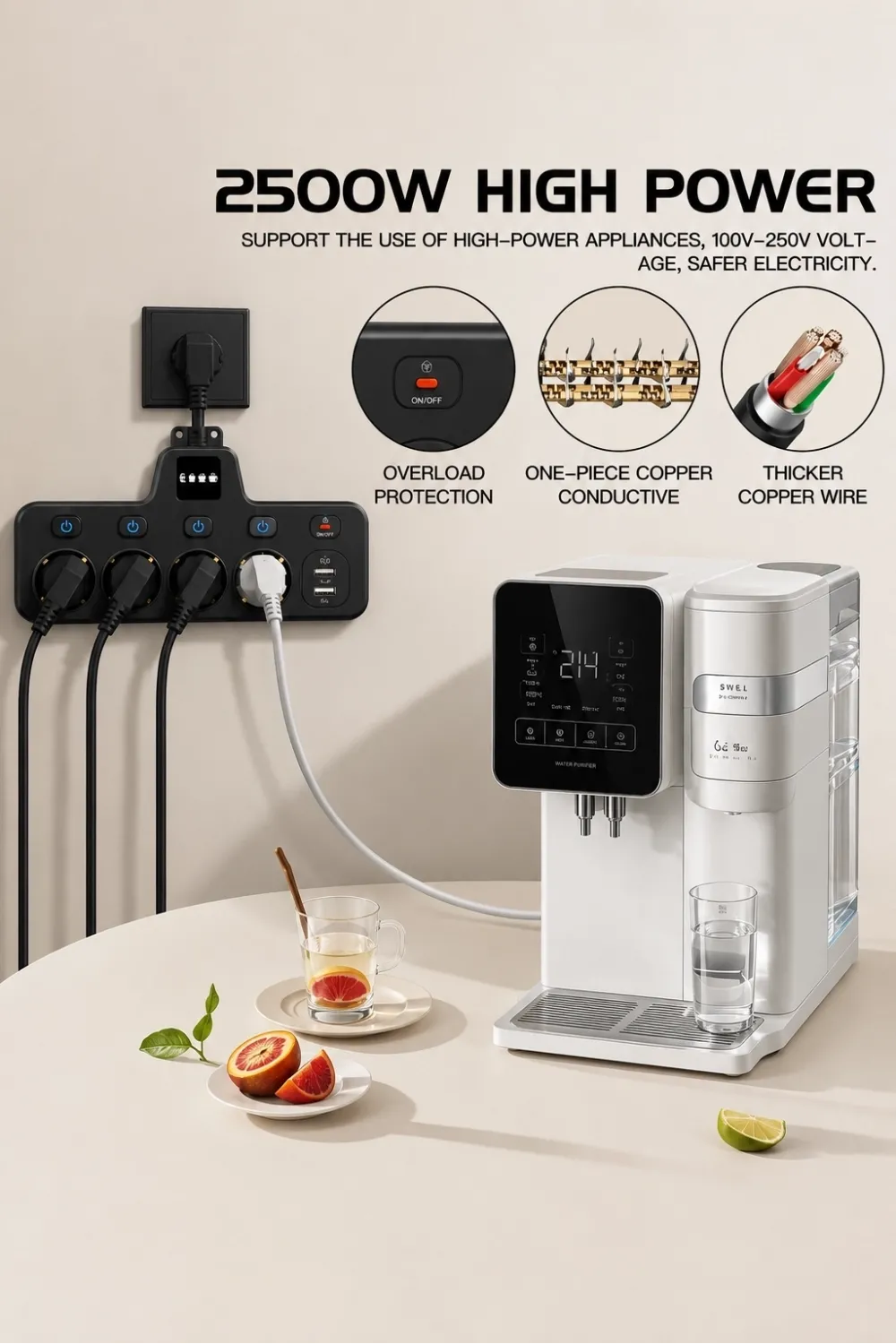 Termal Akım Korumalı 4’lü Duvar Tipi Priz 2x Usb 2x Type-c Çıkışlı Grup Priz Çoğaltıcı Siyah (2500w)