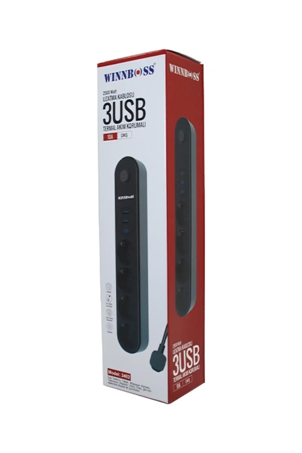 Termal Akım Korumalı 4lü Priz 3xusb 2mt Anahtarlı Uzatma Kablo Siyah 10a - 2500w
