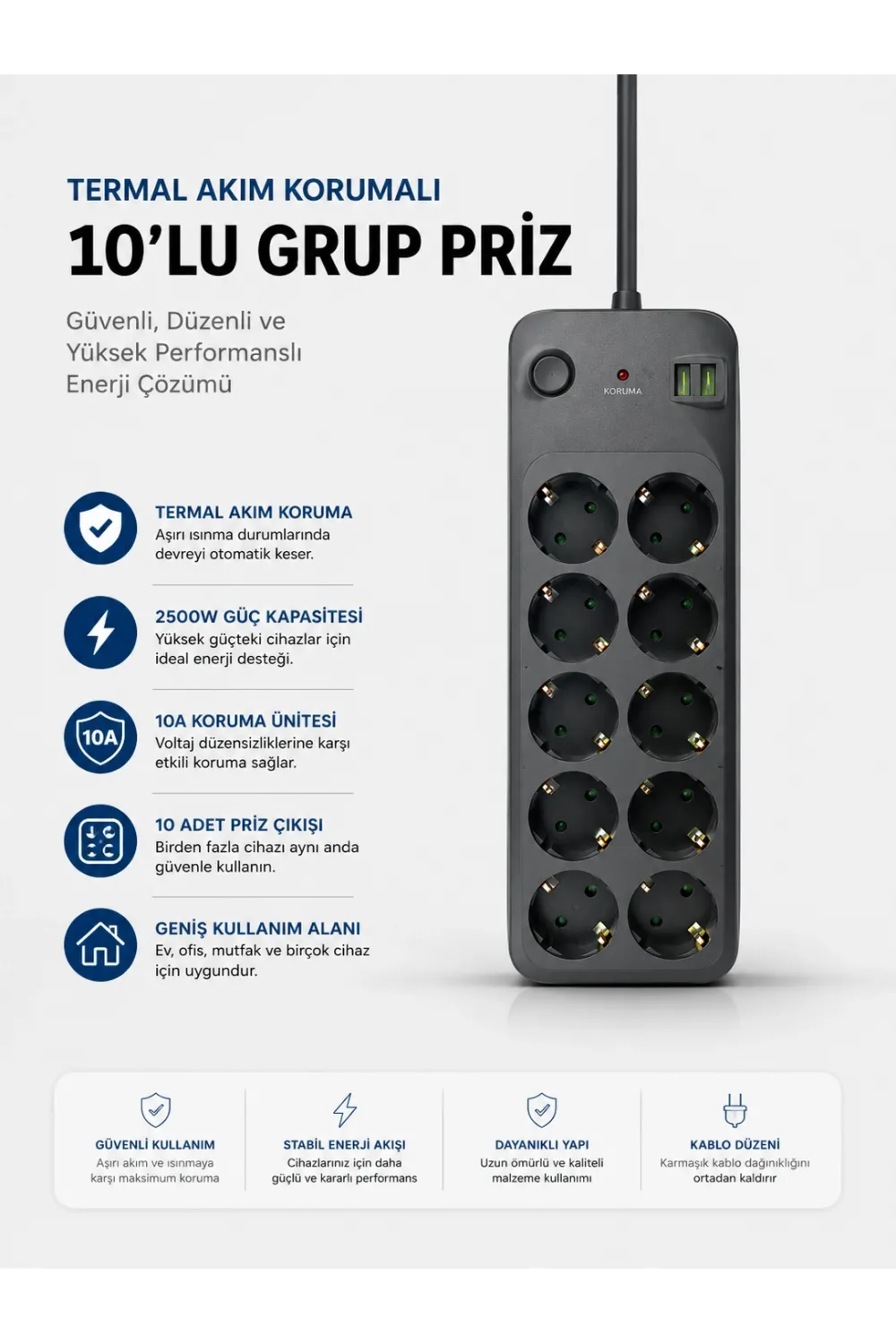 Termal Akım Korumalı Usb Type-c Girişli 10lu Grup Priz 2500w Güç Kapasitesi (kopya)